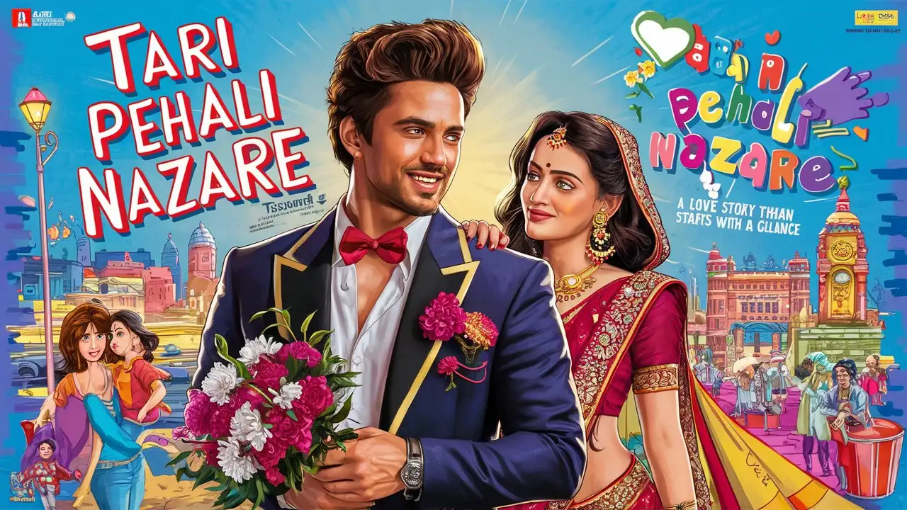 Create a Bollywood movie style poster titled "
Tari Pehali Nazare " 