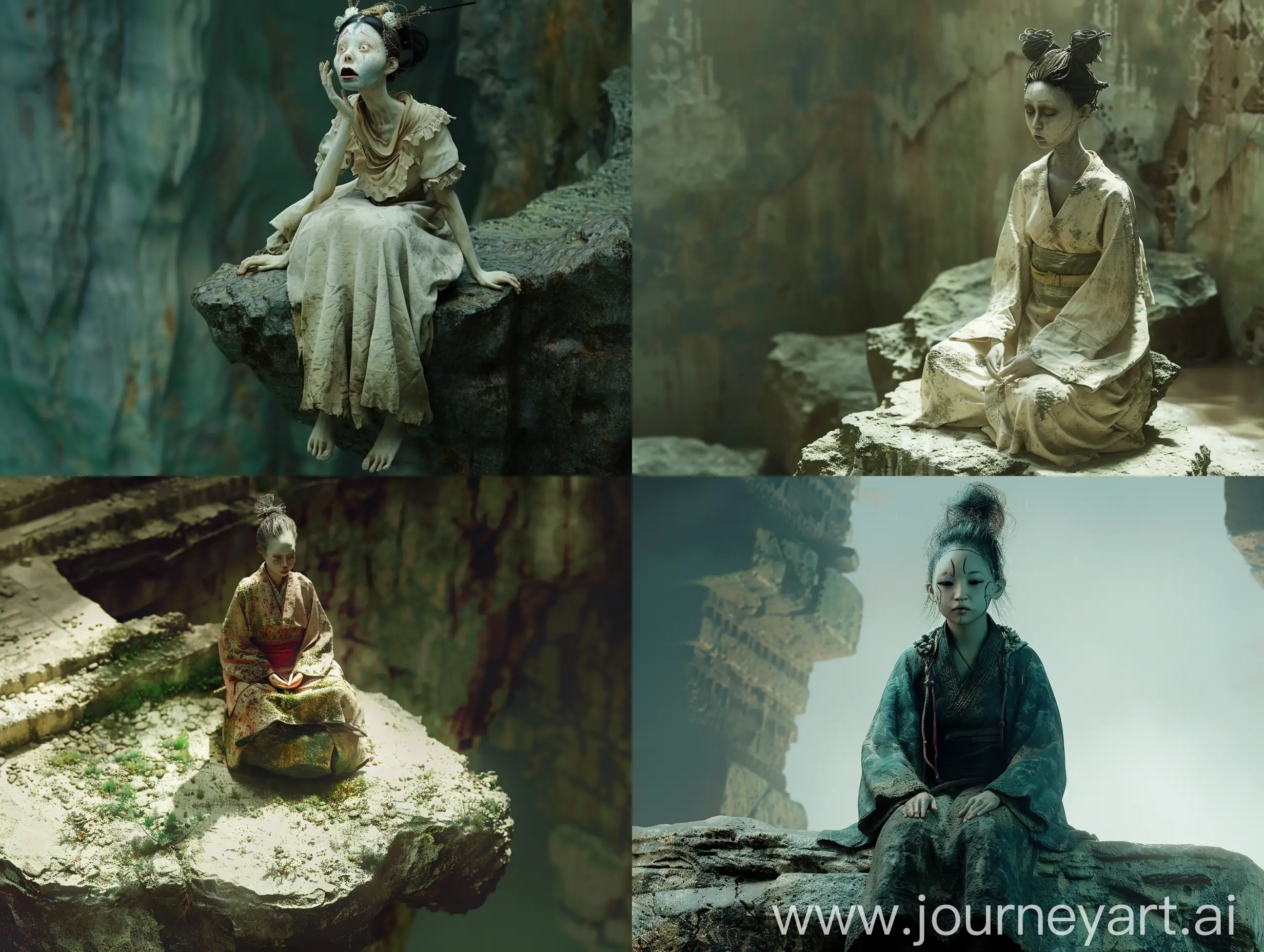 cinematic, realism, Depiction of a yokai ((( Kuniteru Honjo-nana-fushigi Oitekebori ))), sits on a rock above the abyss, cinematic, realism, Using (((imagination))) to craft a photorealistic representation of an unusual fantasy dream, Abandoned ancient temple in Tokyo, Amazing, shocking, Mysterious, Contrasty, ivory colors, Memphis, The UHD camera captures every detail of this moment, highlighting the colors and textures. Render her in a photorealistic style, cinematic, capturing the fine details of her features and surroundings. Pay close attention to realistic skin tones, textures, and lighting conditions. Ensure the image is in high resolution, such as 8K, to showcase the intricate details and allo