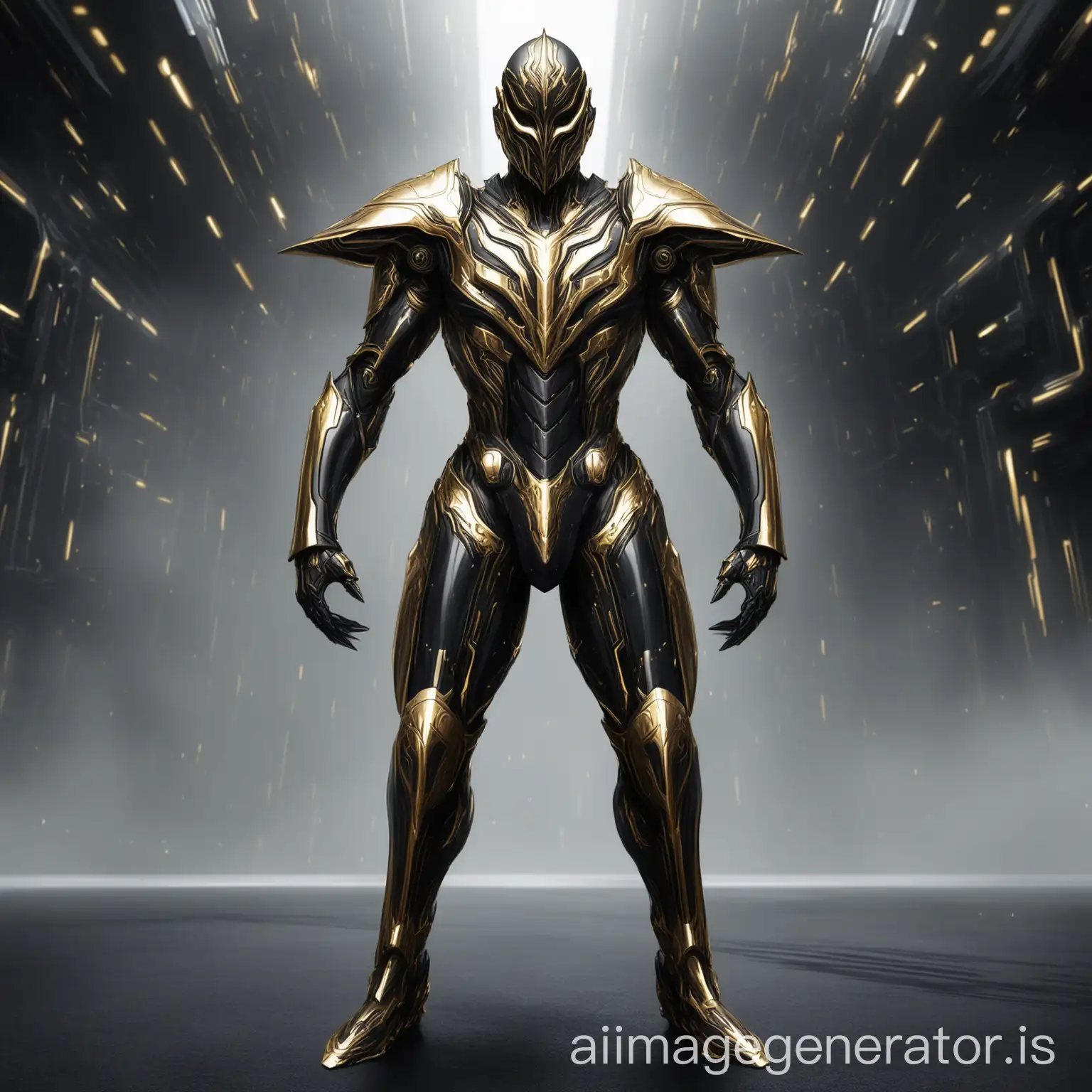 masked man clad in sleek full-body black and gold futuristic armor very intimidating