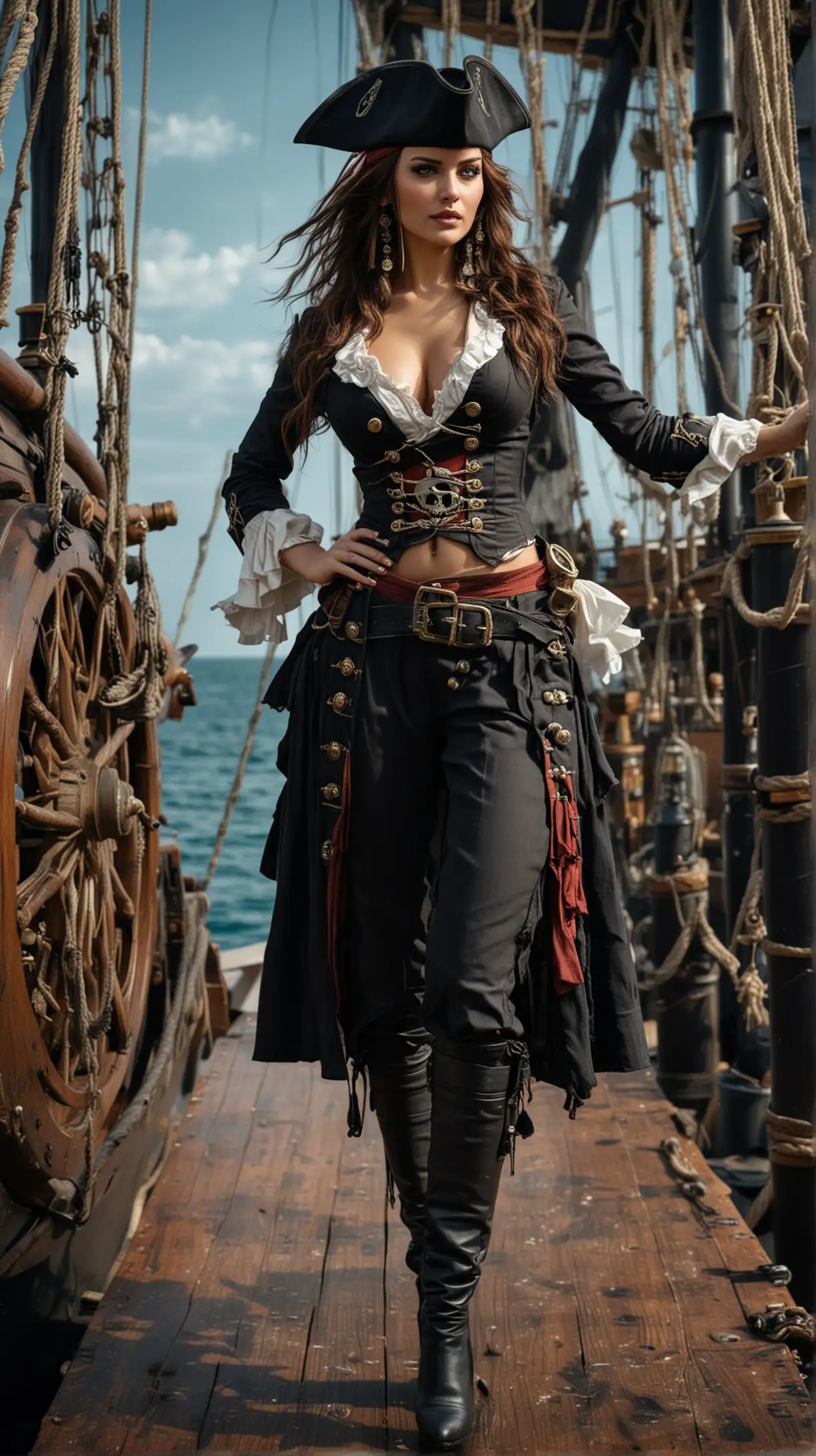 A length image fullbody photography realistic cinematic color beautiful russia super model woman busty in a luxury black jack Sparrow pirates uniform,sensual sweet pose,sail ship pirate background