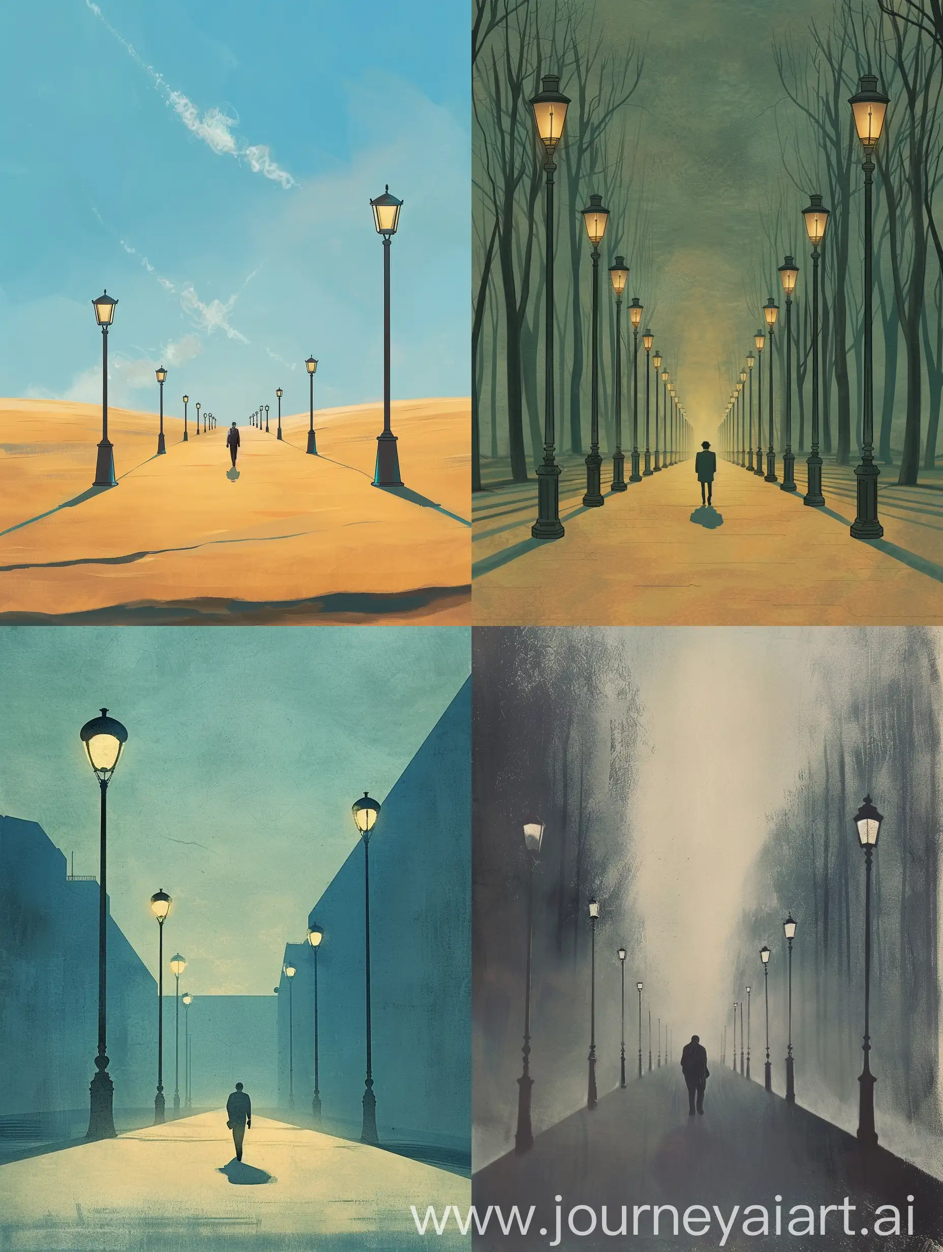 Studio ghibli Illustration of a man walking in a alone road , lamp post in both side of road,Cimematic , tall size image 