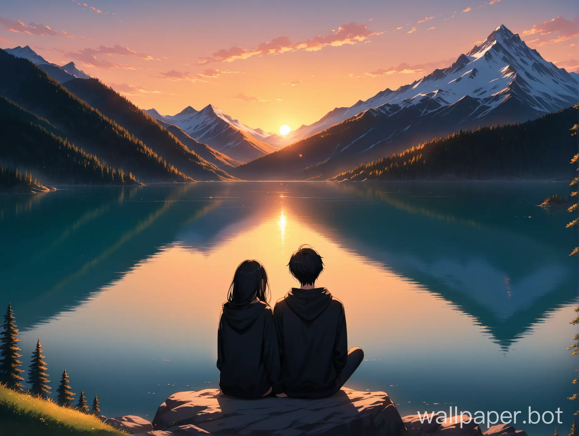 high-res, masterpiece, 4k, 8k, lake, mountain, forest, sunset, boy and girl, in black hoodies, black hair