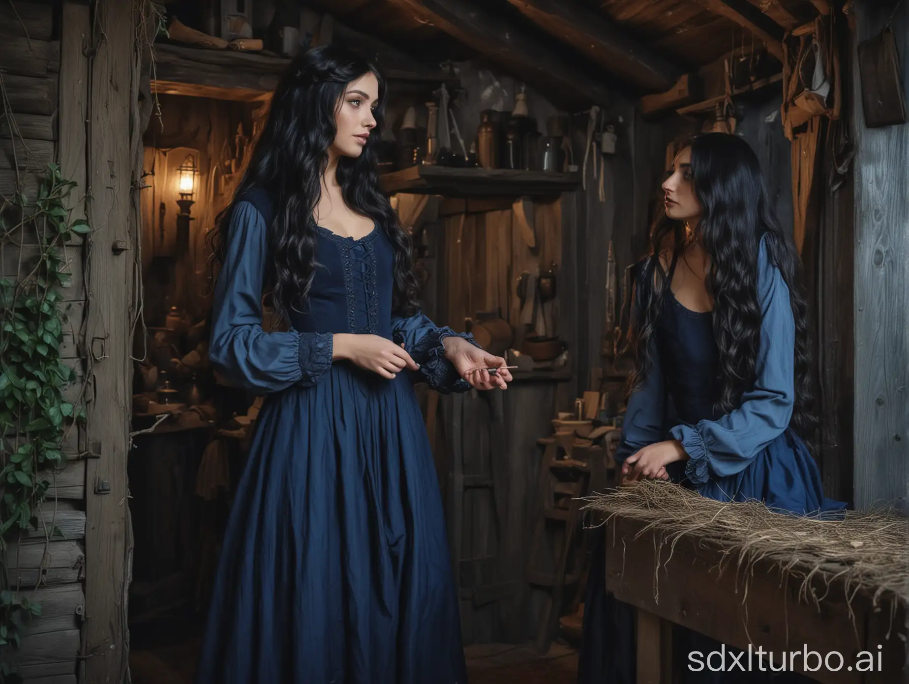 A beautiful girl in her twenties with long black hair curling at the ends, wearing (((a dark blue dress)))  with long sleeves of medieval style is talking to a kind gray-bearded old man with piercing blue eyes, in a long outfit in a small forest cottage during twilight