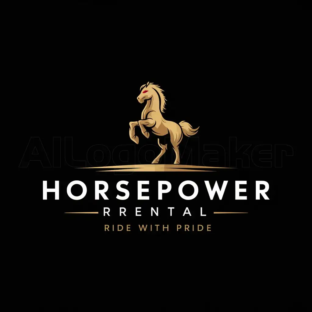 a logo design,with the text "horsepower rental ride with pride", main symbol:black background gold horse standing on 2 feet red eyes glowing,Moderate,be used in Automotive industry,clear background