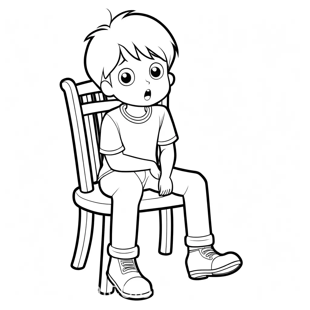 A boy sitting on a chair with his hands under his chin. Shocked face. Coloring Page, black and white, line art, white background, Simplicity, Ample White Space. The background of the coloring page is plain white to make it easy for young children to color within the lines. The outlines of all the subjects are easy to distinguish, making it simple for kids to color without too much difficulty. Very simple , Coloring Page, black and white, line art, white background, Simplicity, Ample White Space. The background of the coloring page is plain white to make it easy for young children to color within the lines. The outlines of all the subjects are easy to distinguish, making it simple for kids to color without too much difficulty