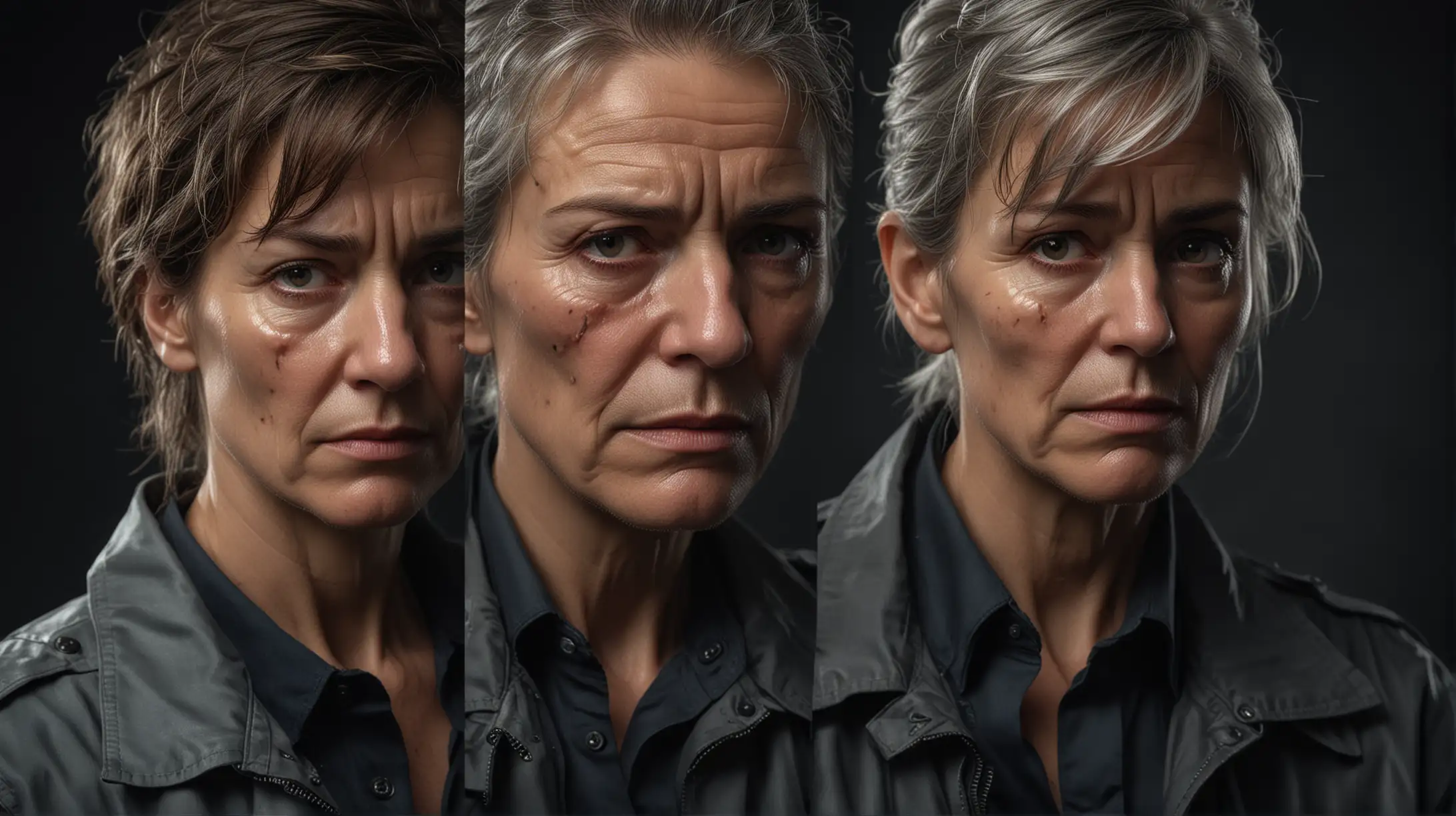 CLASSIC CLOSE UP PORTRAIT PHOTOGRAPHY STYLE,  DIFFERENT MALE AND FEMALE OLDER UNDERCOVER FEDERAL AGENTS, SWEATING, rumpled clothes, weary expressions, photo realistic, cinematic lighting