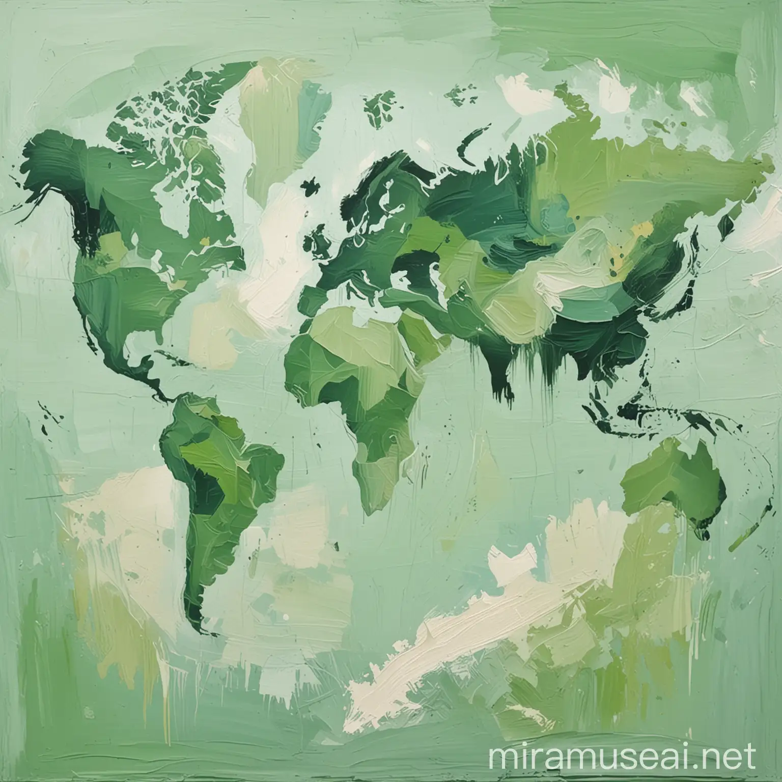 An abstract brush painted composition, world map, 7 continents, oil strokes, bold, abstract, pastel green colour palette