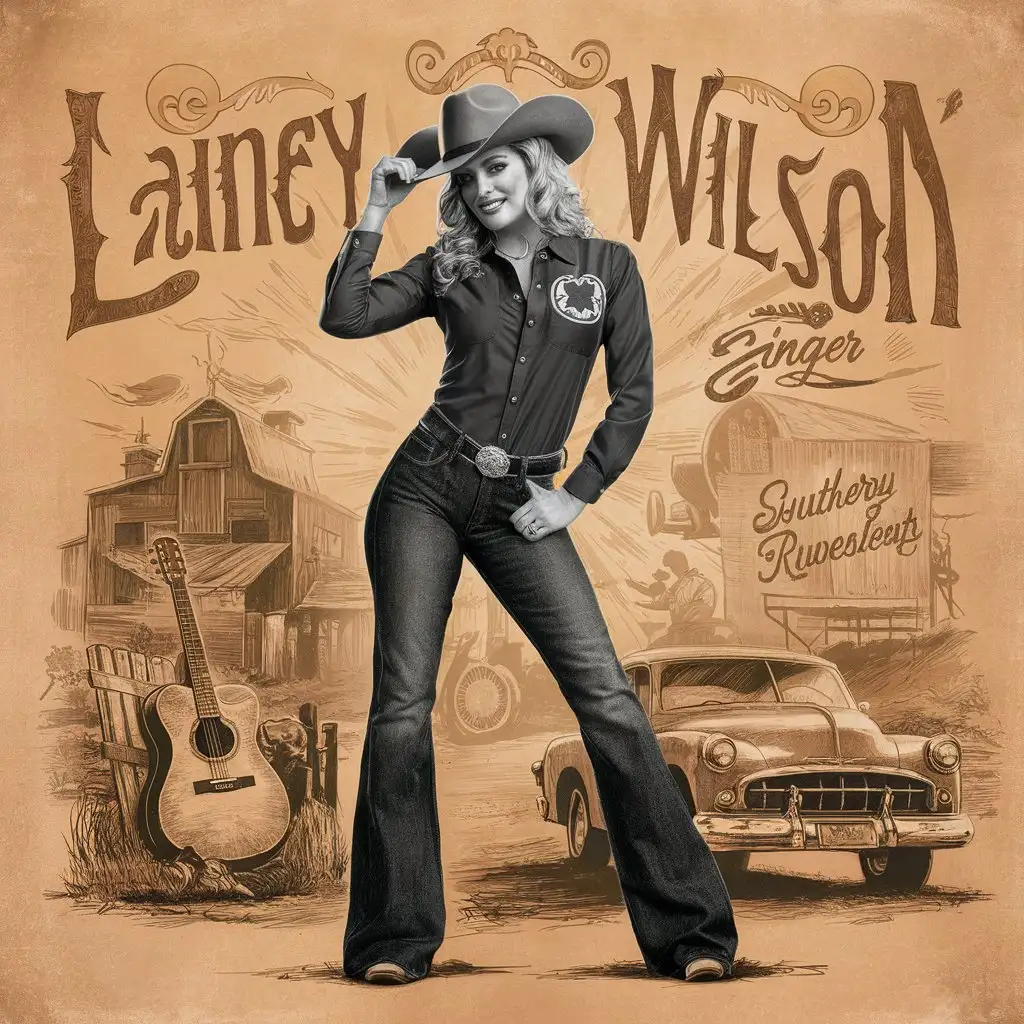  a sketch of Lainey Wilson, big butt, wearing bell bottoms,Southern Ruetz hat, country western shirt, vintage country western insignia as background