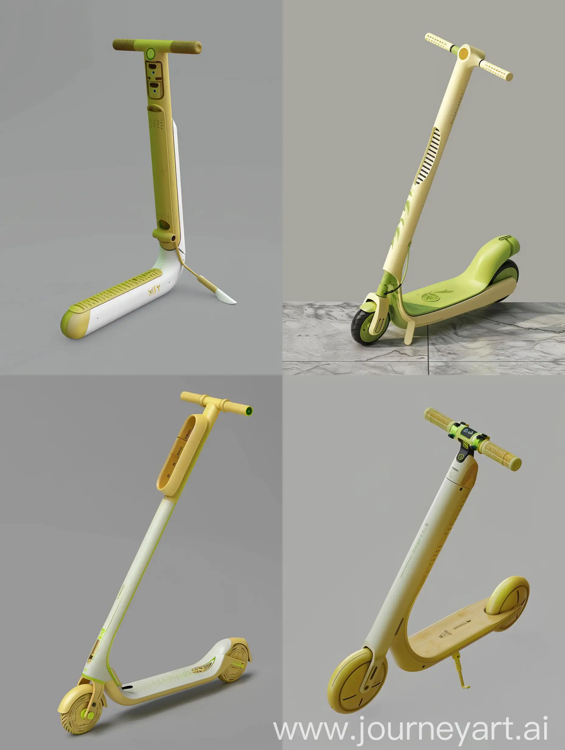 Design a elegance futuristic, foldable eco-friendly electric scooter for young people inspired by the characteristics and symbolism of bamboo. The scooter features sleek, smooth curves with a matte warm white finish and slight transparency, accented with green tones inspired by bamboo. The handle design is minimalistic and curved, inspired by bamboo leaves, with a subtle texture, made from durable composite materials. The footboard is a multi-segmented structure with a textured, non-slip surface, folding neatly into the main body.The scooter folds into a compact cylindrical shape with non-uniform cross-sections mimicking bamboo segments. The wheels are retractable, folding into the body via a spring-loaded and gear system inspired by the retraction mechanisms of turtle limbs, ensuring a smooth, unified form. The handles fold inward along precise hinge lines, inspired by the folding of insect wings and Mimosa pudica leaves, using spring-loaded or magnetic hinges.The scooter includes solar panels for sustainable charging and a kinetic energy recovery system. A small, integrated display on the handlebar shows the map, path, charge level, and weather conditions. The design emphasizes both form and function, suitable for urban commuting, highlighting eco-friendliness and innovation. Materials used are lightweight composites with a matte warm white and slightly transparent finish, accented with green tones. The handlebar features an integrated power button and a folding/unfolding button for ease of use, with the LED display centered for clear visibility. The overall design is clean, minimalistic, and inspired by the natural elegance and segmented structure of bamboo. The scooter also features customizable LED lights and mobile app integration for personalization and tracking of usage and environmental impact.
