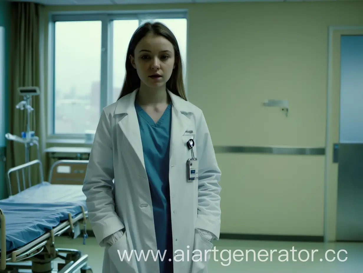 a girl in a white coat stands in a hospital room