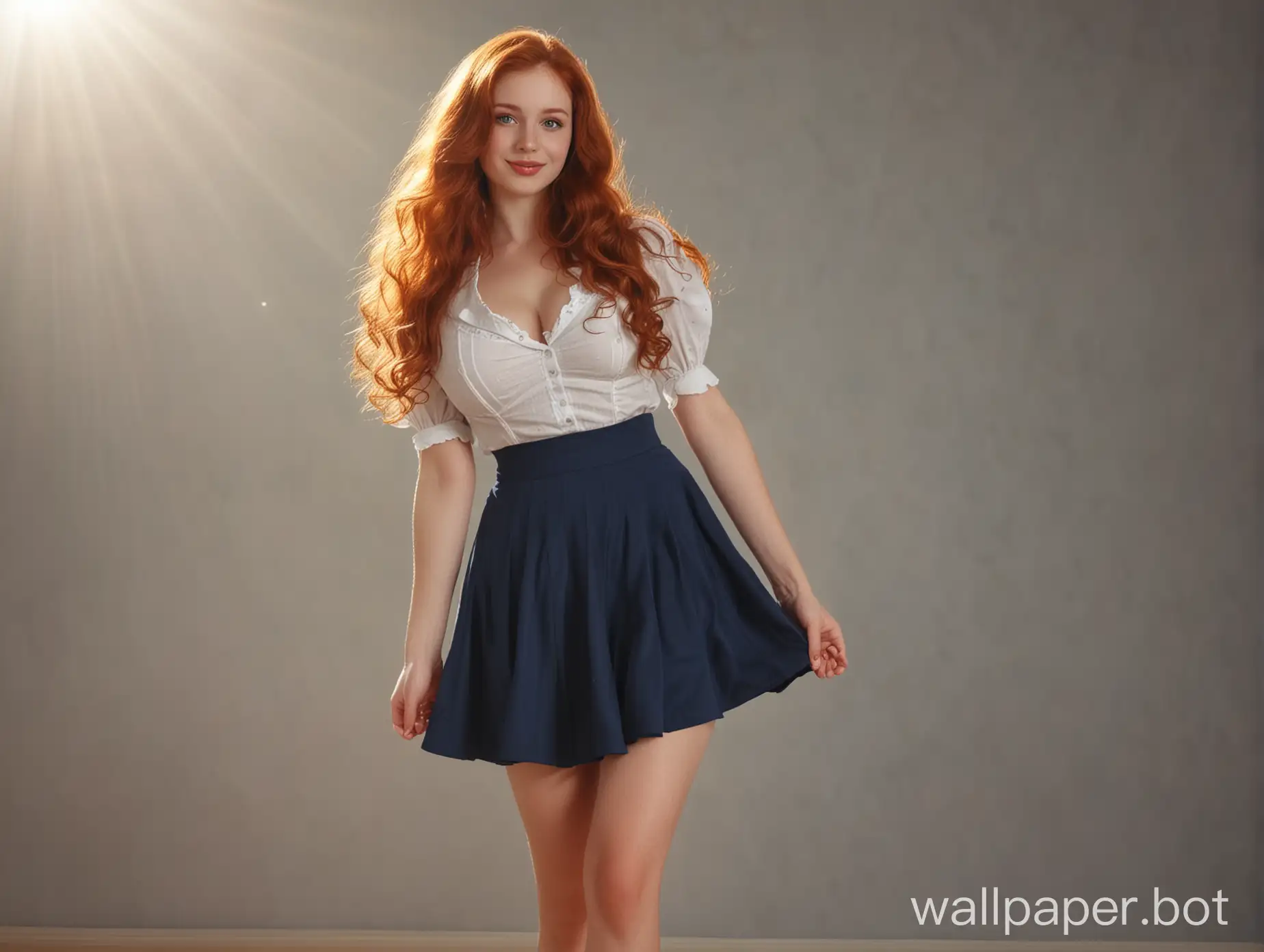 young redhead maiden, huge breast, long waivy hair. 8k detail. hdr. sunflare. full body standing pose, facing camera with smile. blushing red cheeks. big nose blue eyes. slim body.  vintage style, classic heels. very short skirt.
