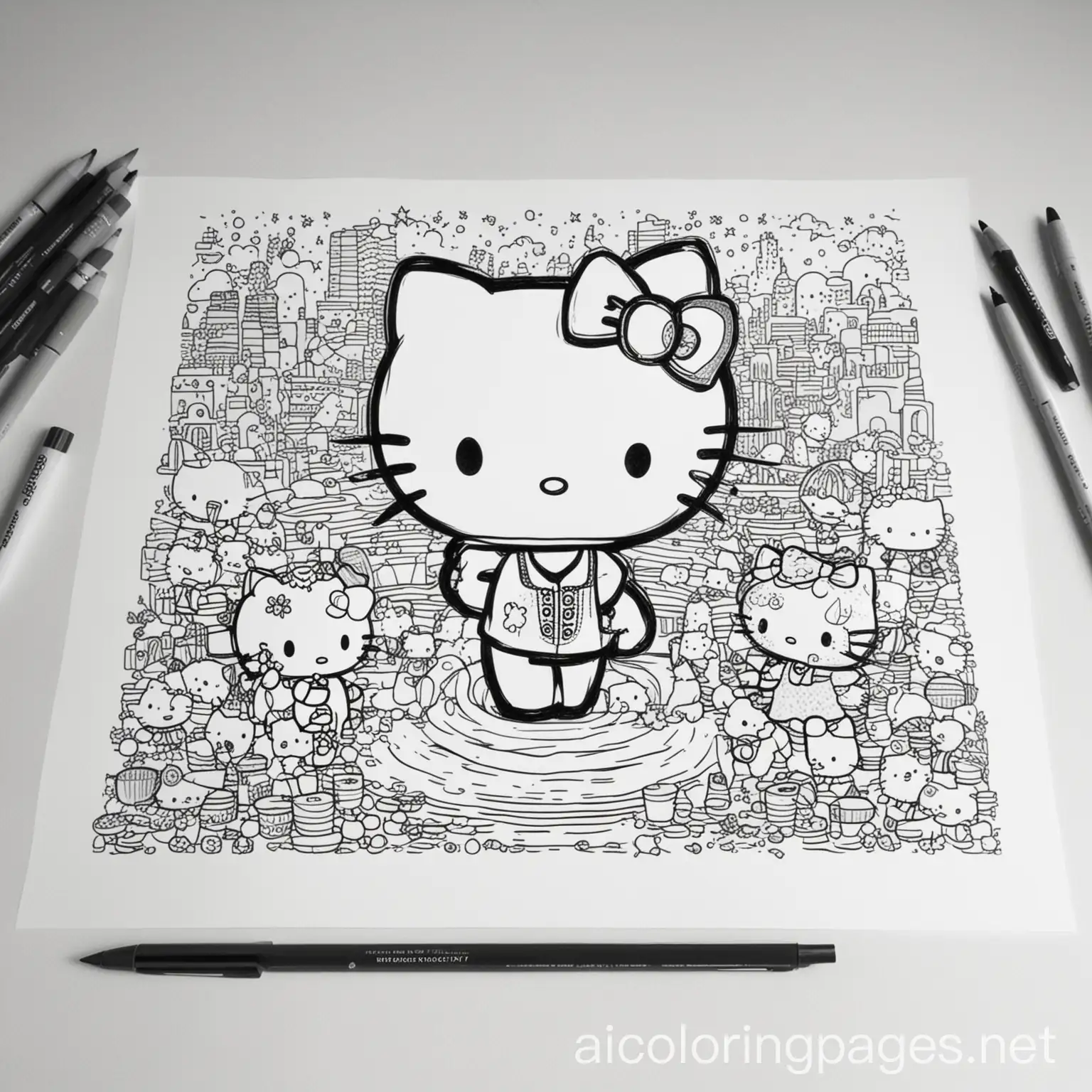 Hello kitty disco pool party, Coloring Page, black and white, line art, white background, Simplicity, Ample White Space. The background of the coloring page is plain white to make it easy for young children to color within the lines. The outlines of all the subjects are easy to distinguish, making it simple for kids to color without too much difficulty