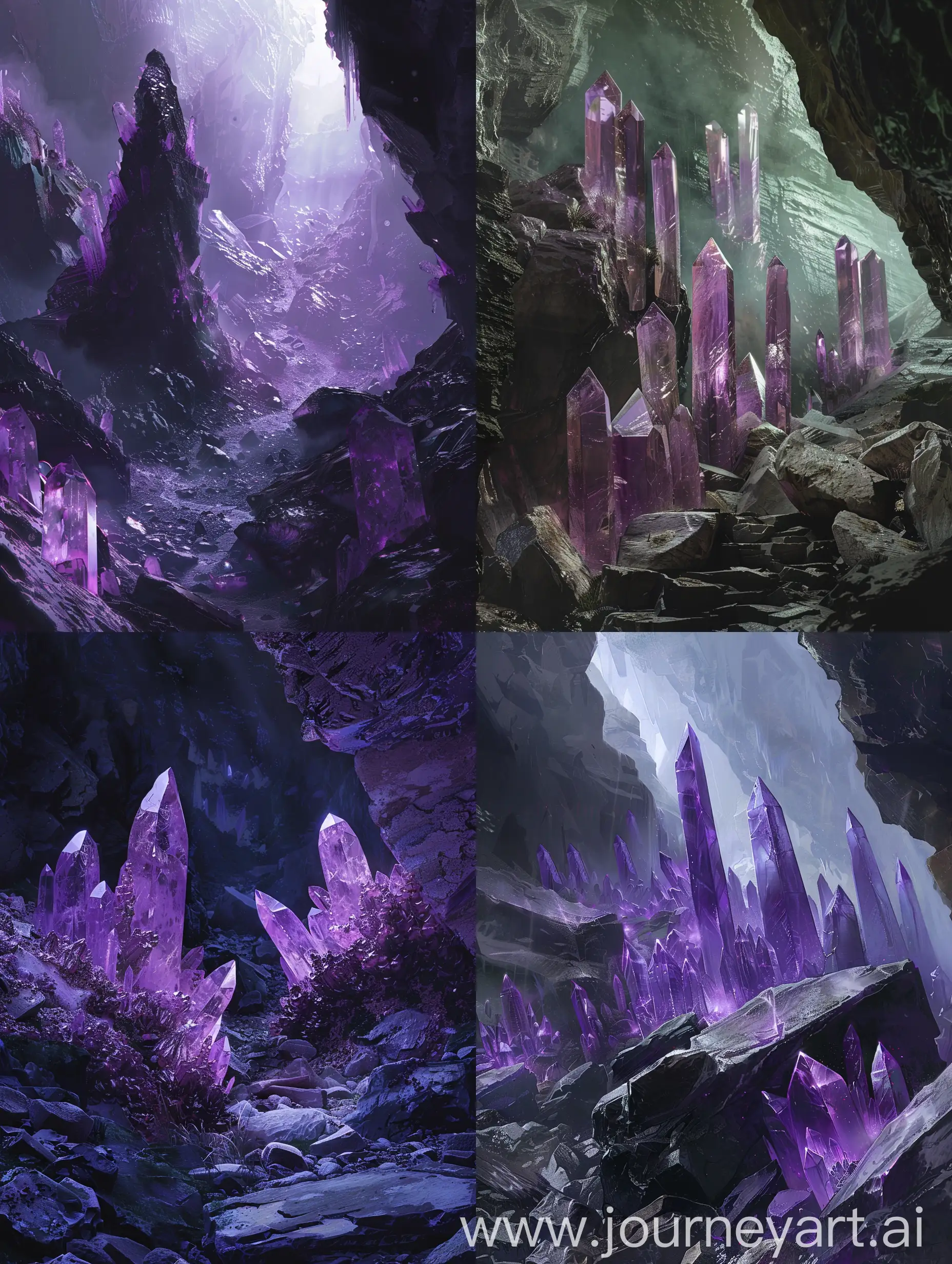 gloomy rocks from which purple crystals grow