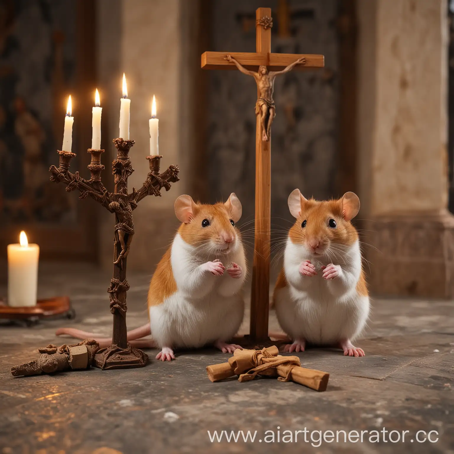Две рыжие крысы с православном храме держат свечки в лапках на фоне распятия Иисуса