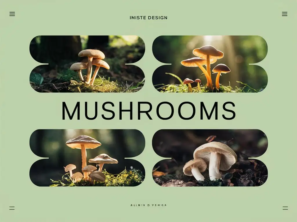 4 horizontal rectangular images for a site about mushrooms, minimalist flat design, light green and yellow color theme, forest theme, sunlight, vector