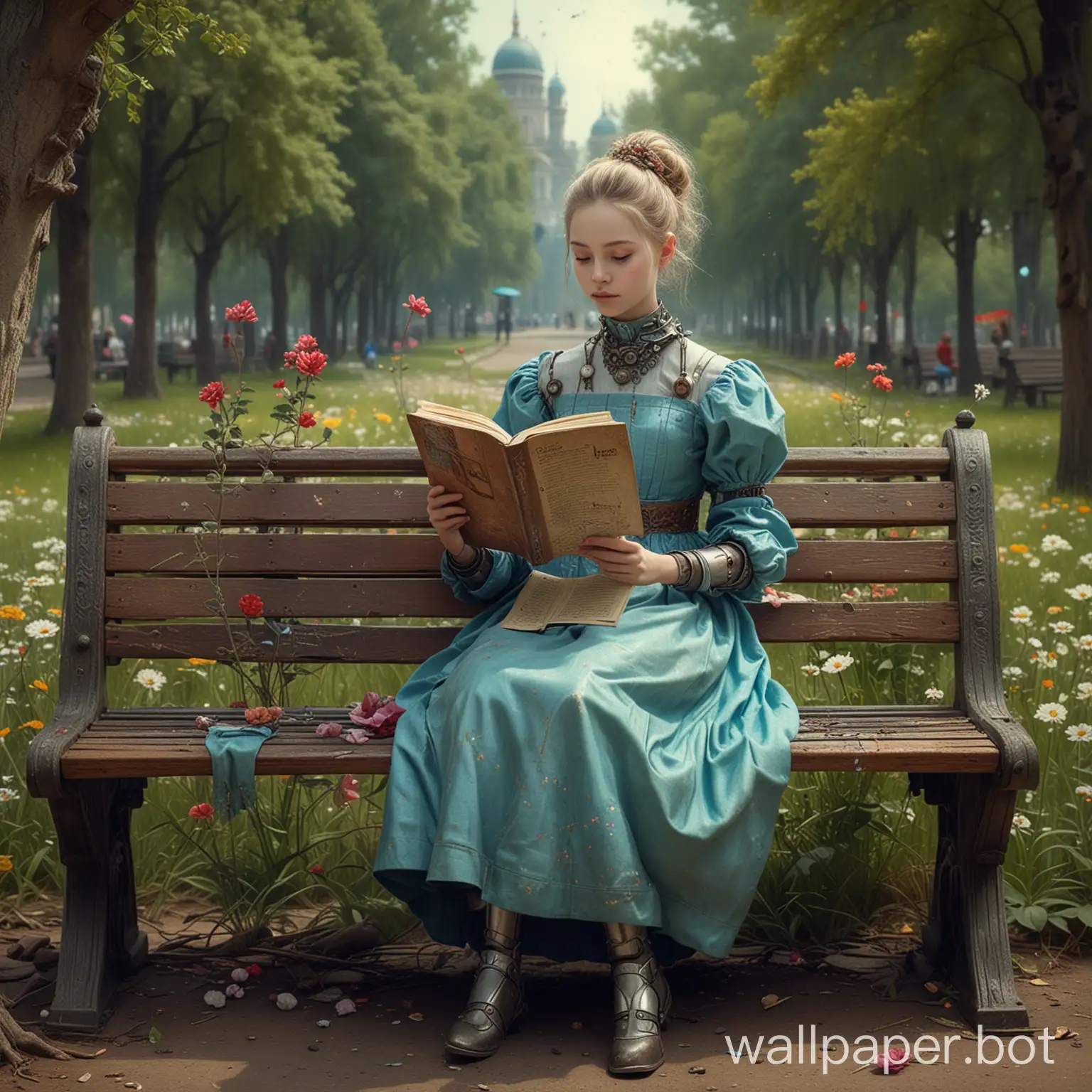 A matte vibrant movie poster with an epic royal composition. Future. (Caring robot and Girl in the park on a bench reading), style by Nicoletta Ceccoli, small flowers everywhere, on a scratched cracked texture, craquelure paint, intricate details, clarity, sharpness, surreal digital illustration, 32k, cinematic, ultra-high detail, artstation trend, Giger Beksinsky Repin, ideal composition