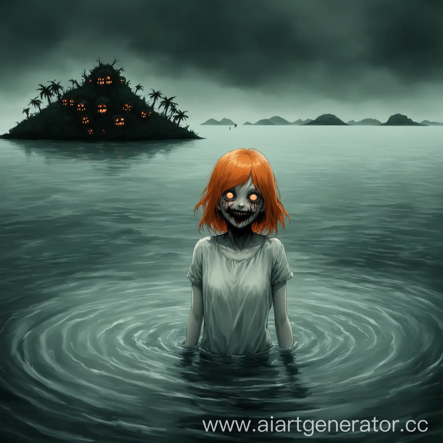 Девушка с оранжевыми волосами смотрит на меня. Она стоит в воде, а на заднем фоне виден необитаемый остров. Добавь немного хоррора. Она должна странно улыбаться
