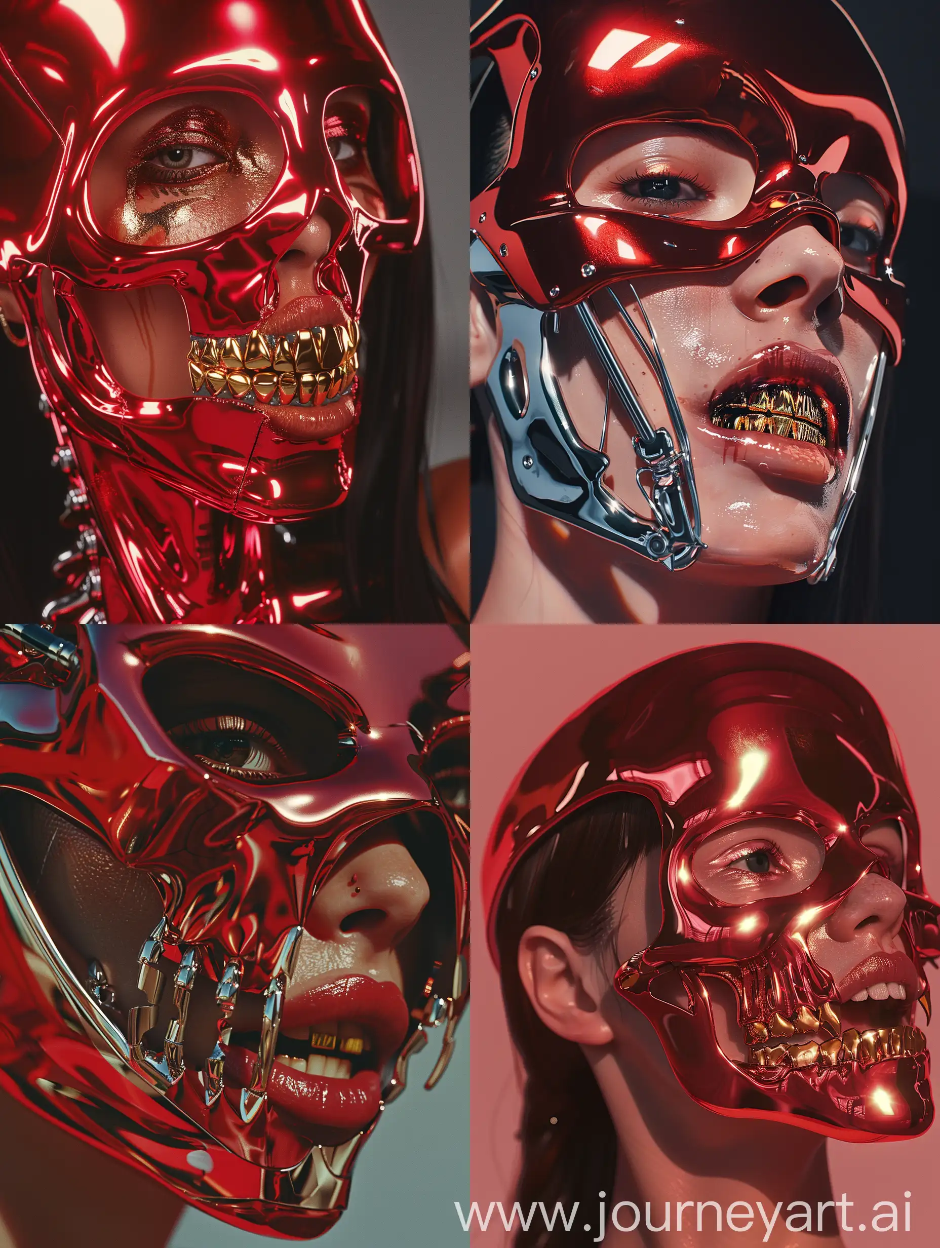 Cyberpunk-Woman-with-Glossy-Red-Exoskeleton-Mask-in-Hyperrealistic-Portrait