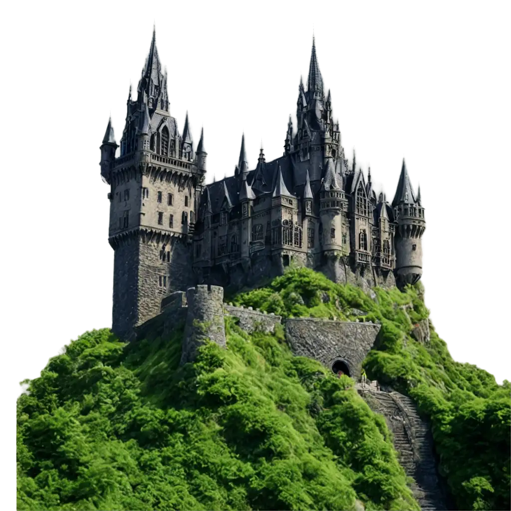 orante gothic castle with tall tower and texture of dark rock. stairs winding the towers. Sitting on a cliff covered in moss and jagged rocks