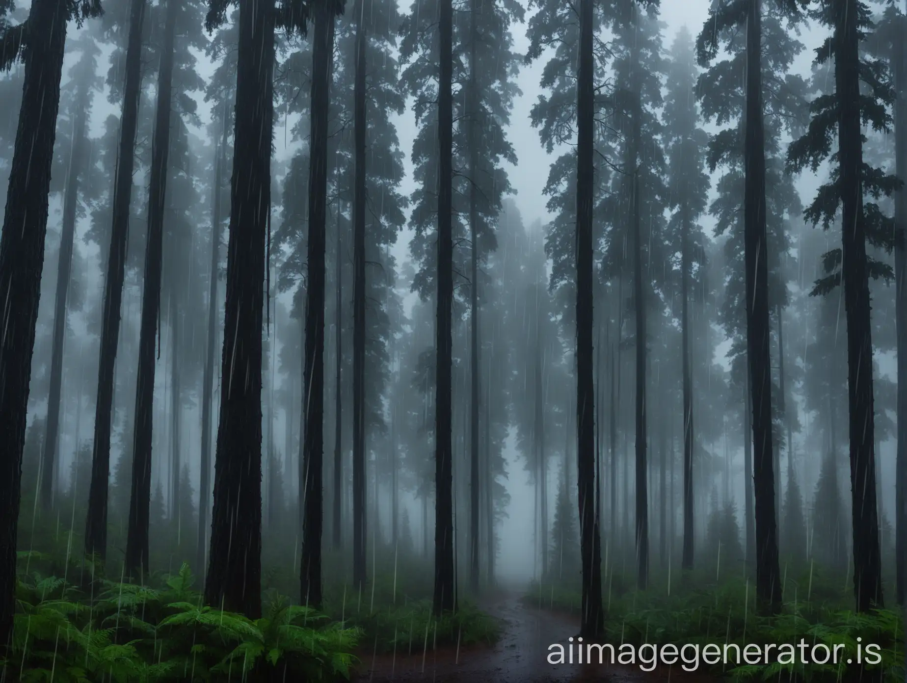 forest, rain, fog, dark, tall trees