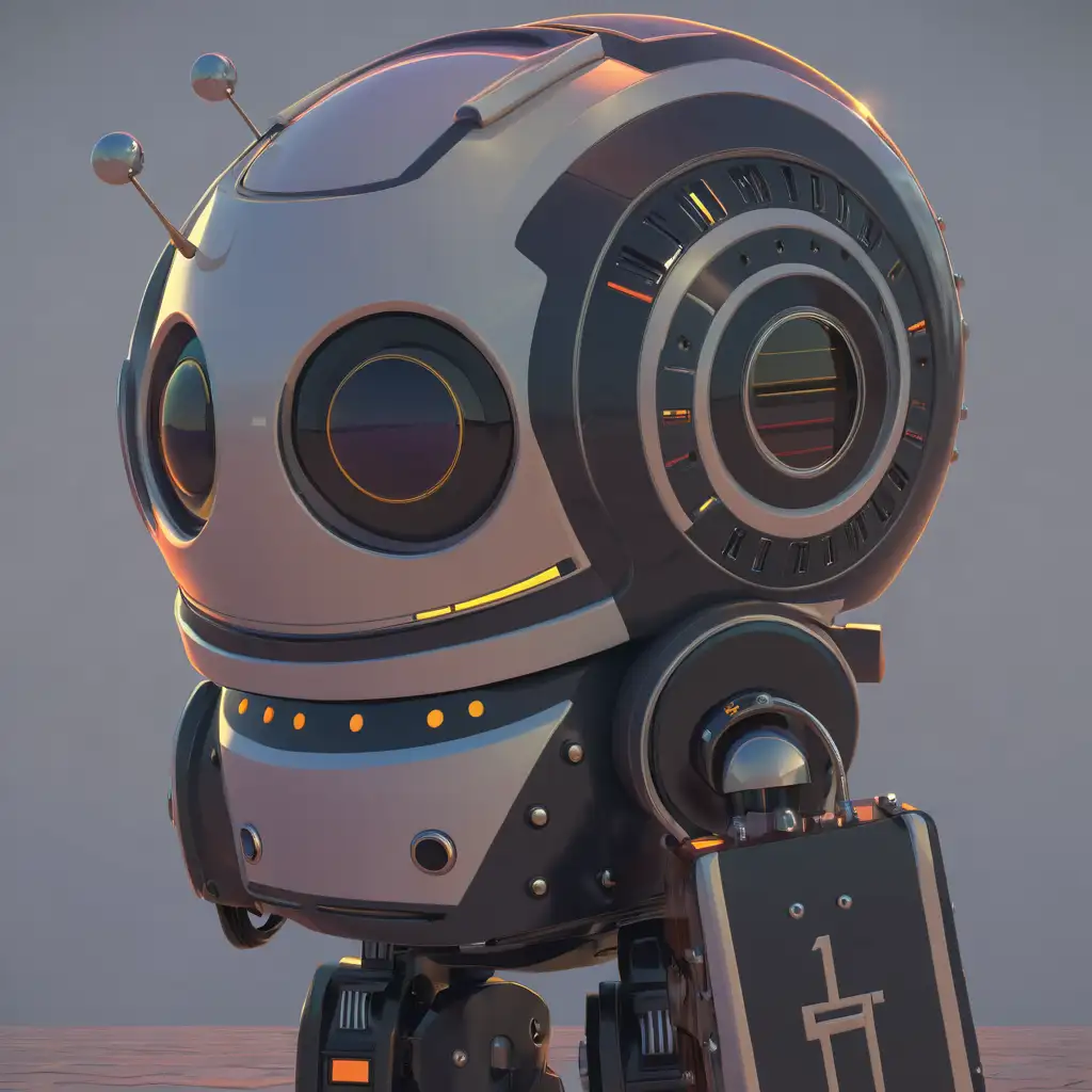 60's robot walking into the sunset with a guitar on his back, c4d, dreamy and optimistic, vibrant sky