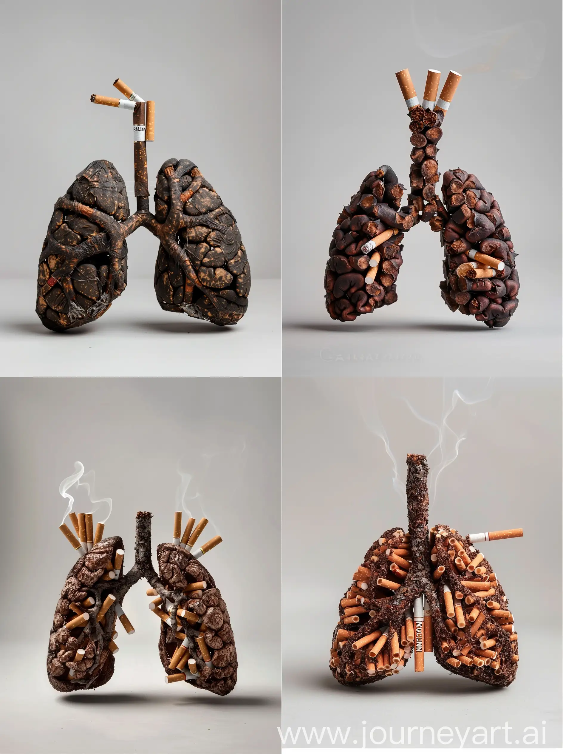 An eyecatching and thought-provoking stock photo of human lungs made from cigarettes, showcasing the environmental impact on health with copy space for "BALKomen" branding. The contrast between darkened casts from smoking against a light grey backdrop creates a visually striking composition. Ensure that all elements are centered in the frame to emphasize their significance. This design should make viewers reflect on the health impacts of smoking in the style of "C Palace 207". --ar 57:77