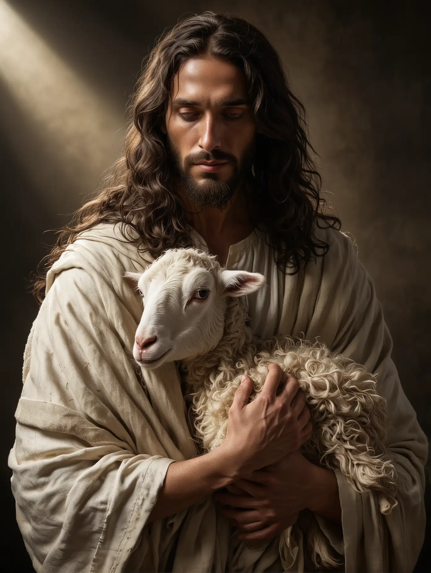 Realistic Portrait of Jesus with Long Dark Wavy Hair Carrying a Lamb in ...