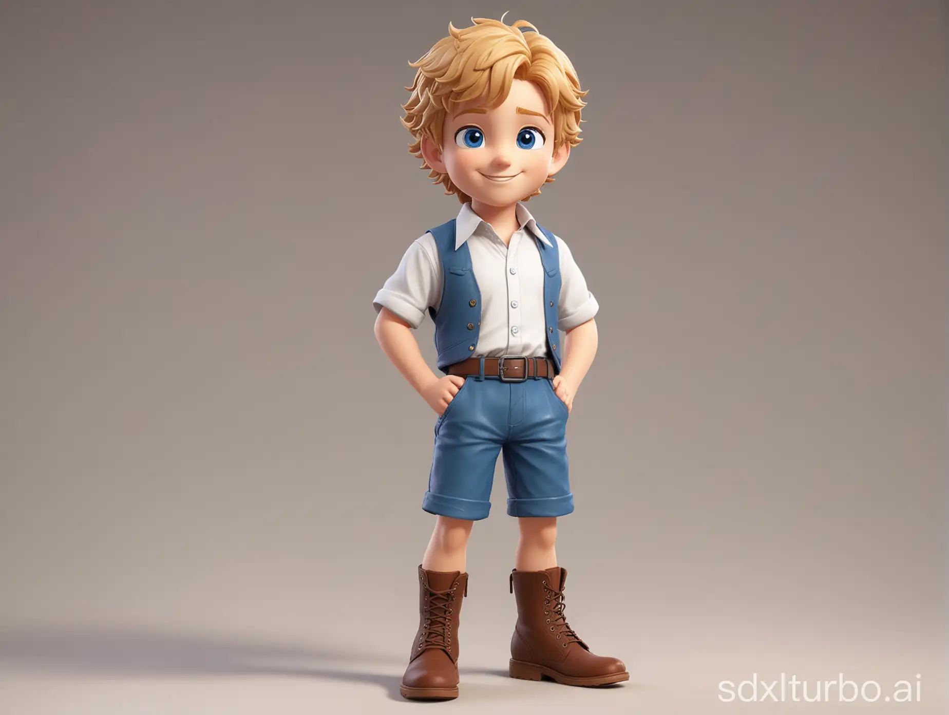 A 10-year-old smiling little boy with dreams with slightly curly blond hair and blue eyes, wearing a white short-sleeved shirt on top, a small blue waistcoat, brown shorts underneath, and small brown leather boots. 3D anime style