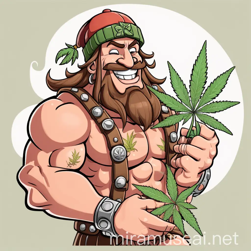 Cartoon Barbarian wearing skipcap, holding cannabis plant, high and happy