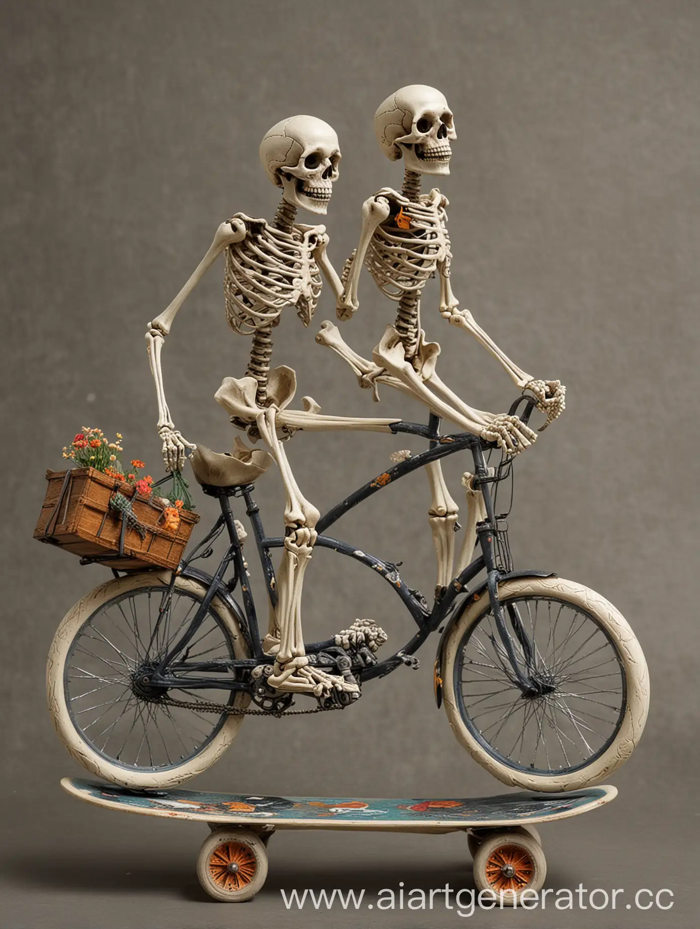 два скелета, один на велосипеде другой на скейтборде 
