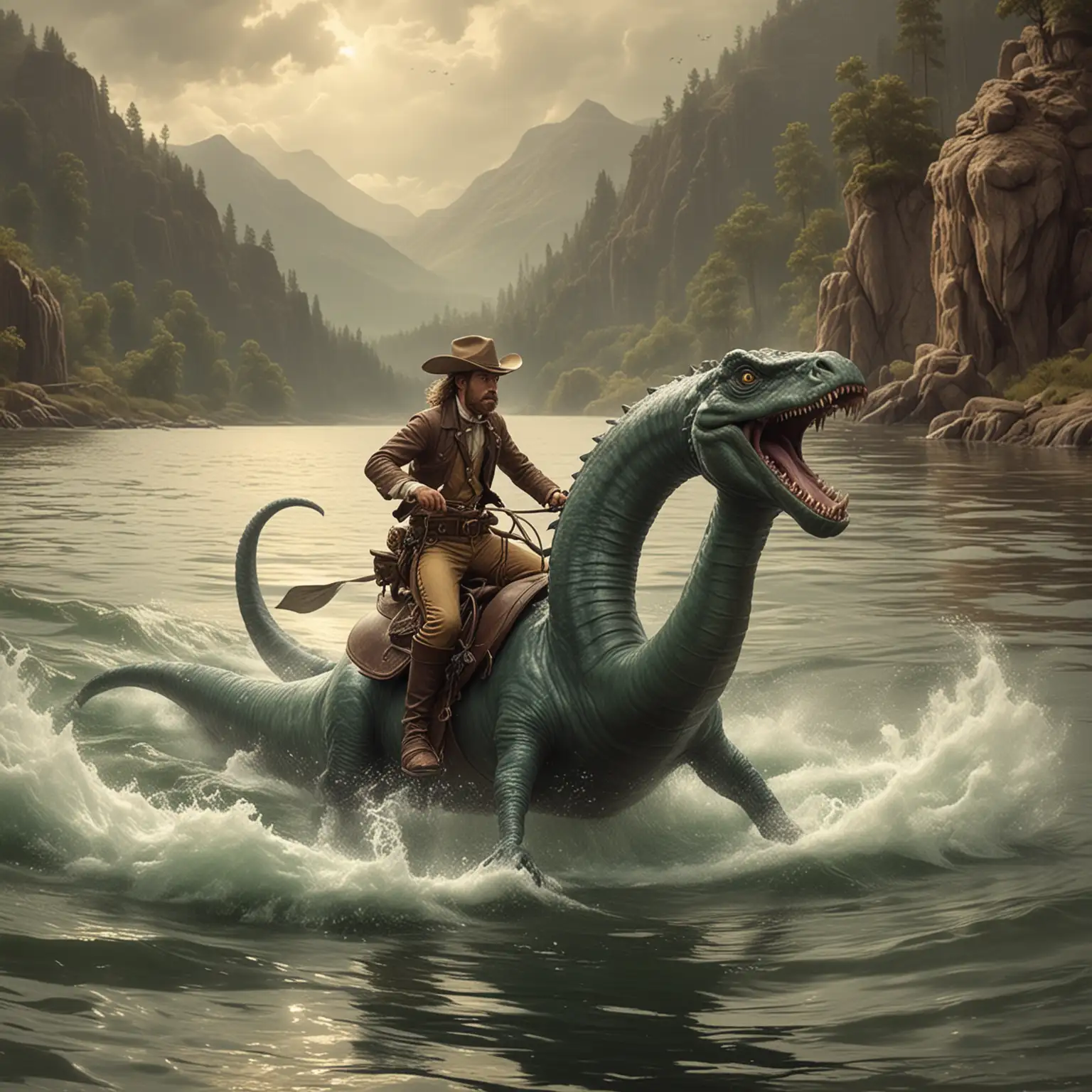 Pecos Bill riding the Loch Ness Monster in an aquatic rodeo.
