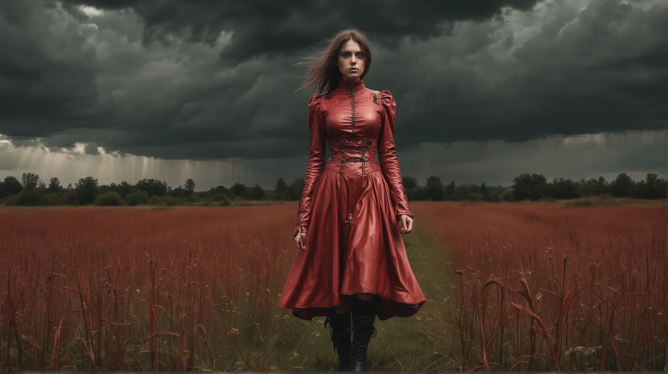 a young steampunk woman in a leather light red  dress goes lonely through a wild field, complelety dark, psychodelic view