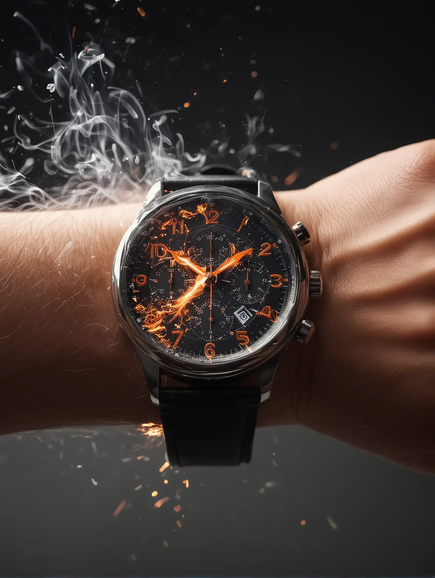 sparks and smoke coming from behind a wrist watch