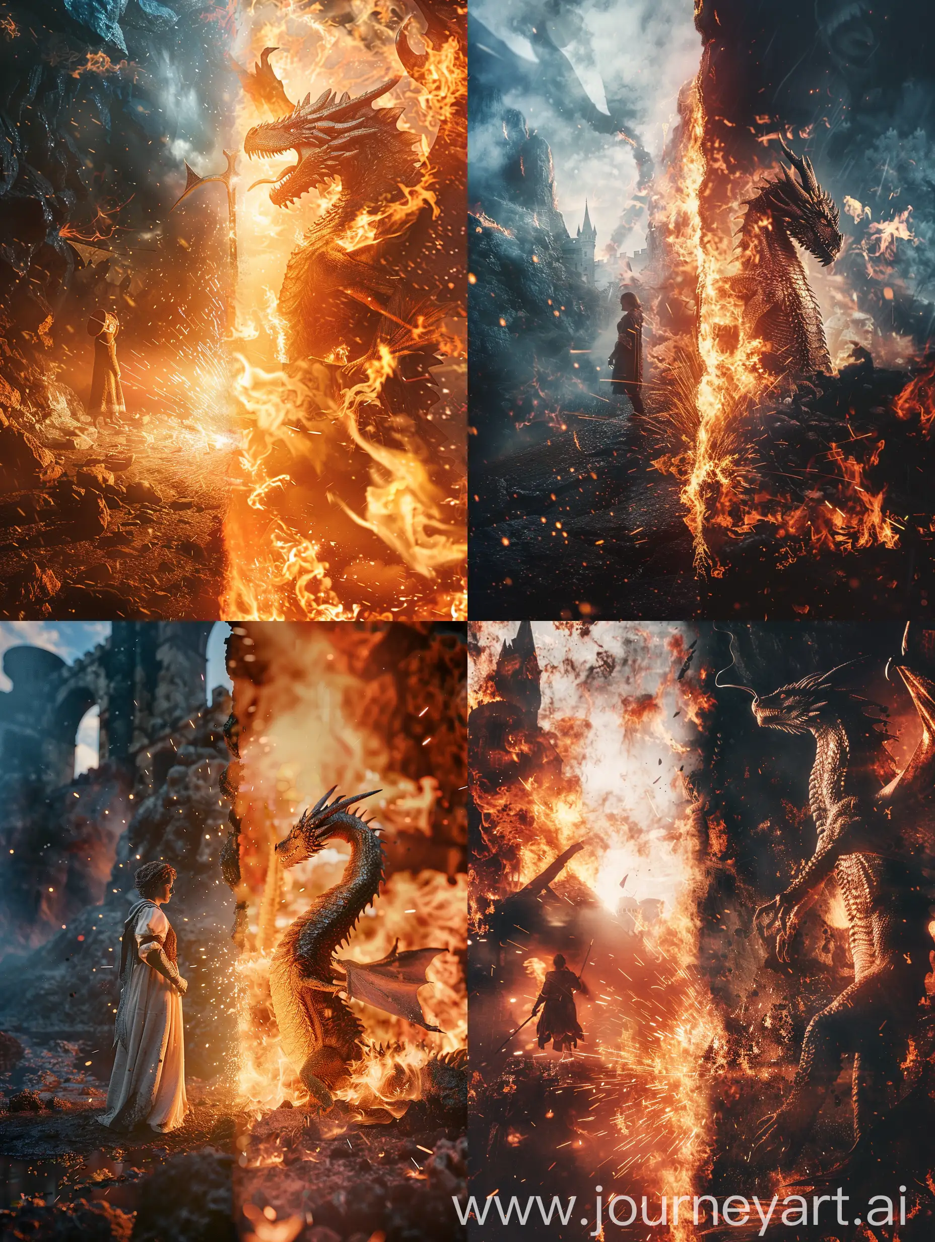 Фотография разделена на две части, в правой части фотографии драконорождённый с пламенем вокруг, в левой части фотографии человек в средневековом мире, искры, 4к