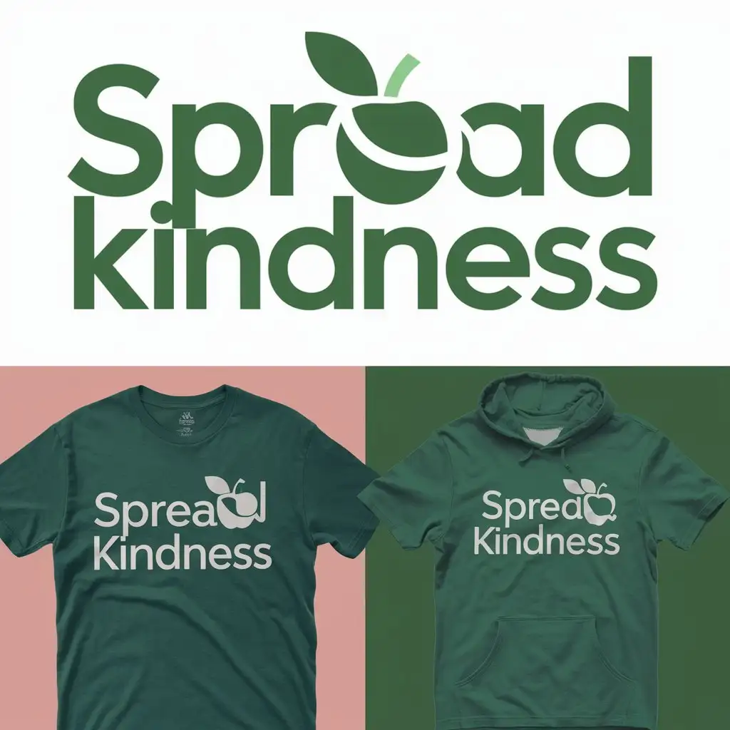 a logo design,with the text "Spread Kindness", main symbol:create innovative text-based designs with various empowering quotes for printing on t-shirts, hoodies etc.this logo text should includes apple theme. preferred color green. must be this logo on t-shirts, hoodies,Moderate,clear background