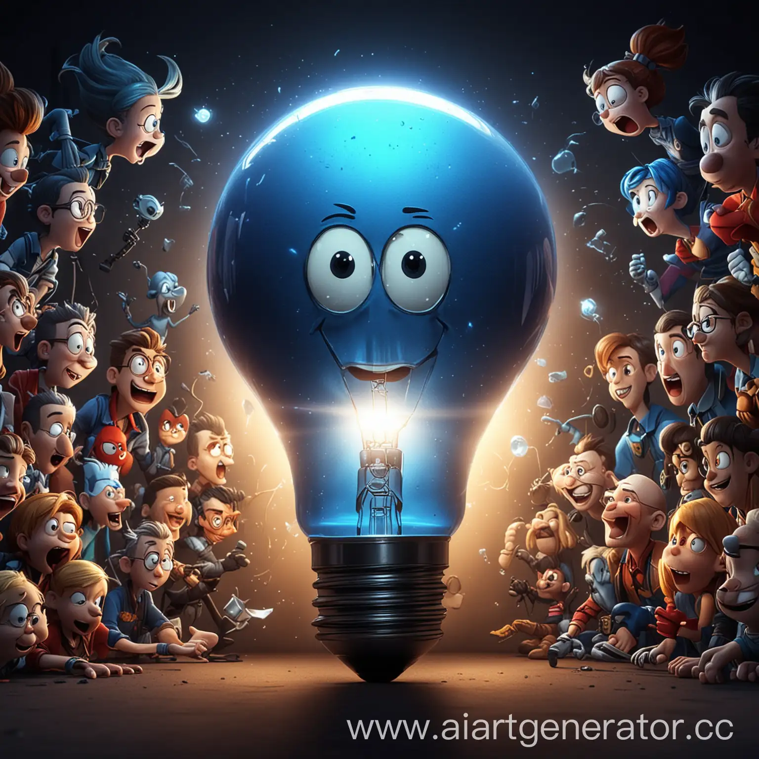 баннер на канал ютуб, где изображена лампочка синего цвета и из него всплеском вылезают герои мультфильмов в 4К