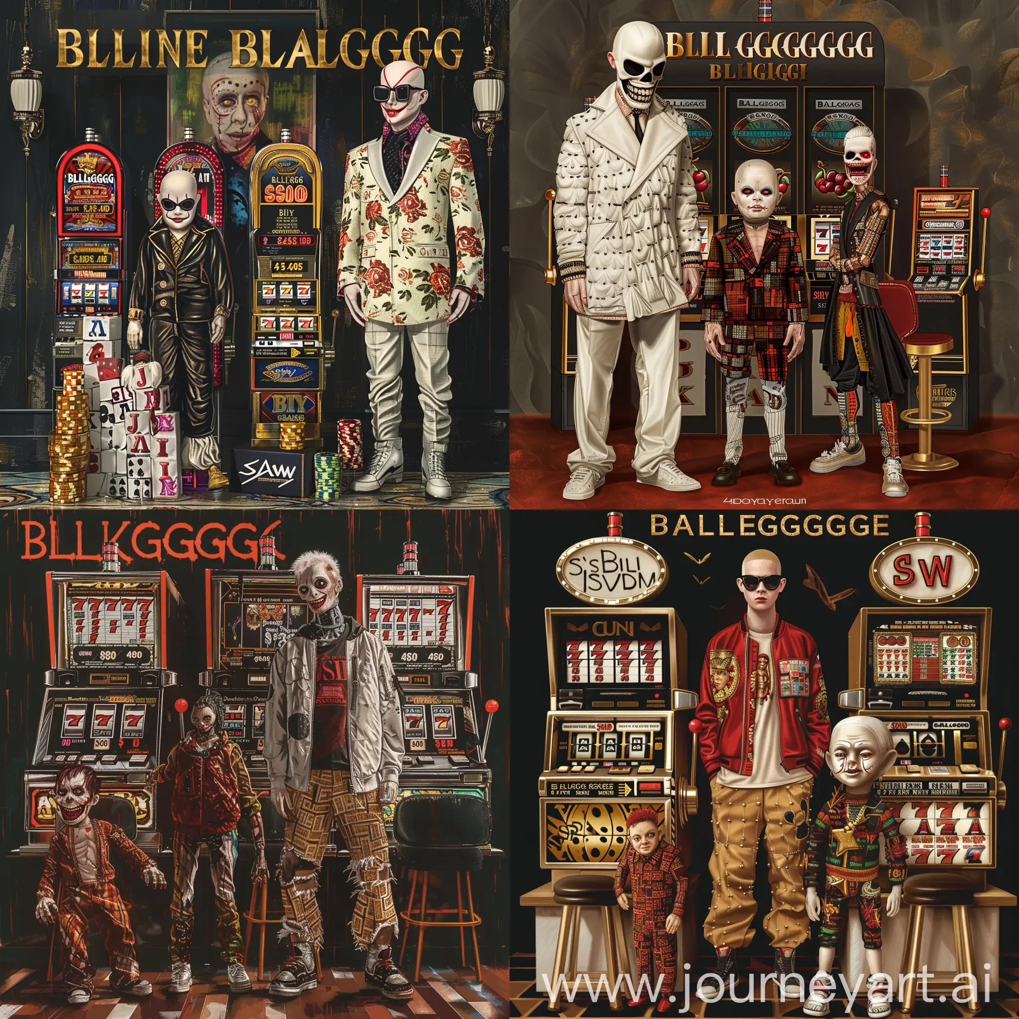 draw an image of the album cover, where there will be a white man dressed in the balenciaga brand, next to him will be a Billy doll from the movie "Saw", and behind him slot machines from the casino. 4k super hd, realistic, cinematic.