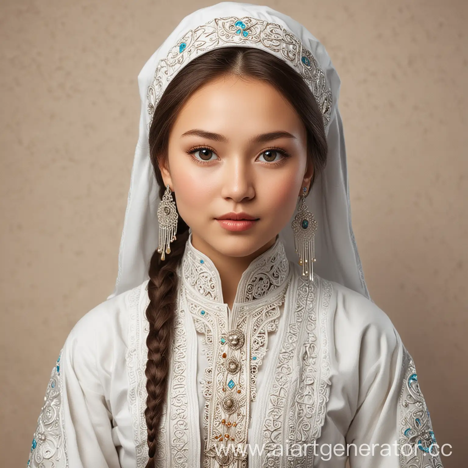 create a portrait of a girl in white national Kazakh clothes for the design of invitations
