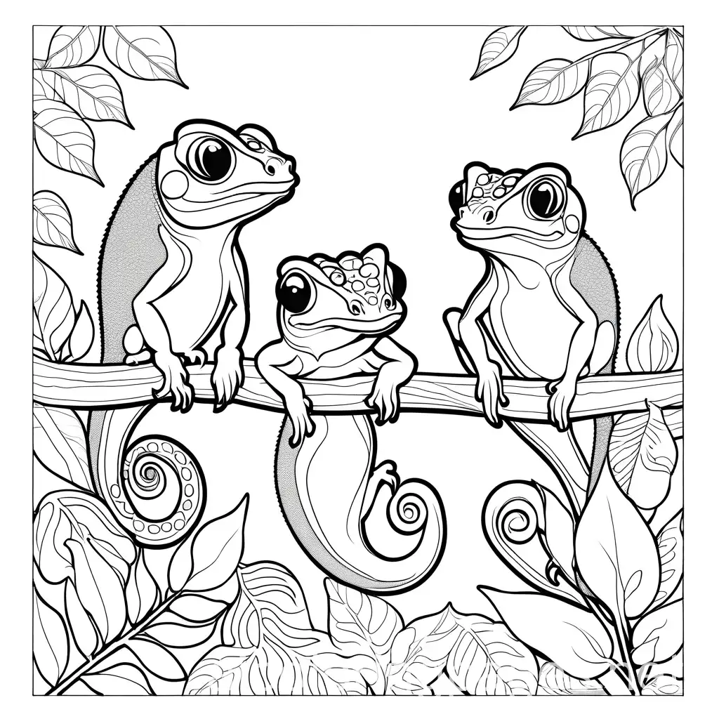 The image should have a plain white background. there should be two smiley-faced chameleons, one on a brunch of tree and another standing on a leaf

The chameleonsshould be rendered in a simple, cartoon-like style with bold, black linework. This will make it easy for children to color the image.

The chameleons should have large, expressive eyes and cheerful, smiling expressions. . 


No additional background elements or distractions should be included - the focus should be solely on the sequences of the snake against the clean white backdrop.

The overall style should be bright, colorful, and engaging for young kindergarten-aged children who will be coloring the page., Coloring Page, black and white, line art, white background, Simplicity, Ample White Space. The background of the coloring page is plain white to make it easy for young children to color within the lines. The outlines of all the subjects are easy to distinguish, making it simple for kids to color without too much difficulty