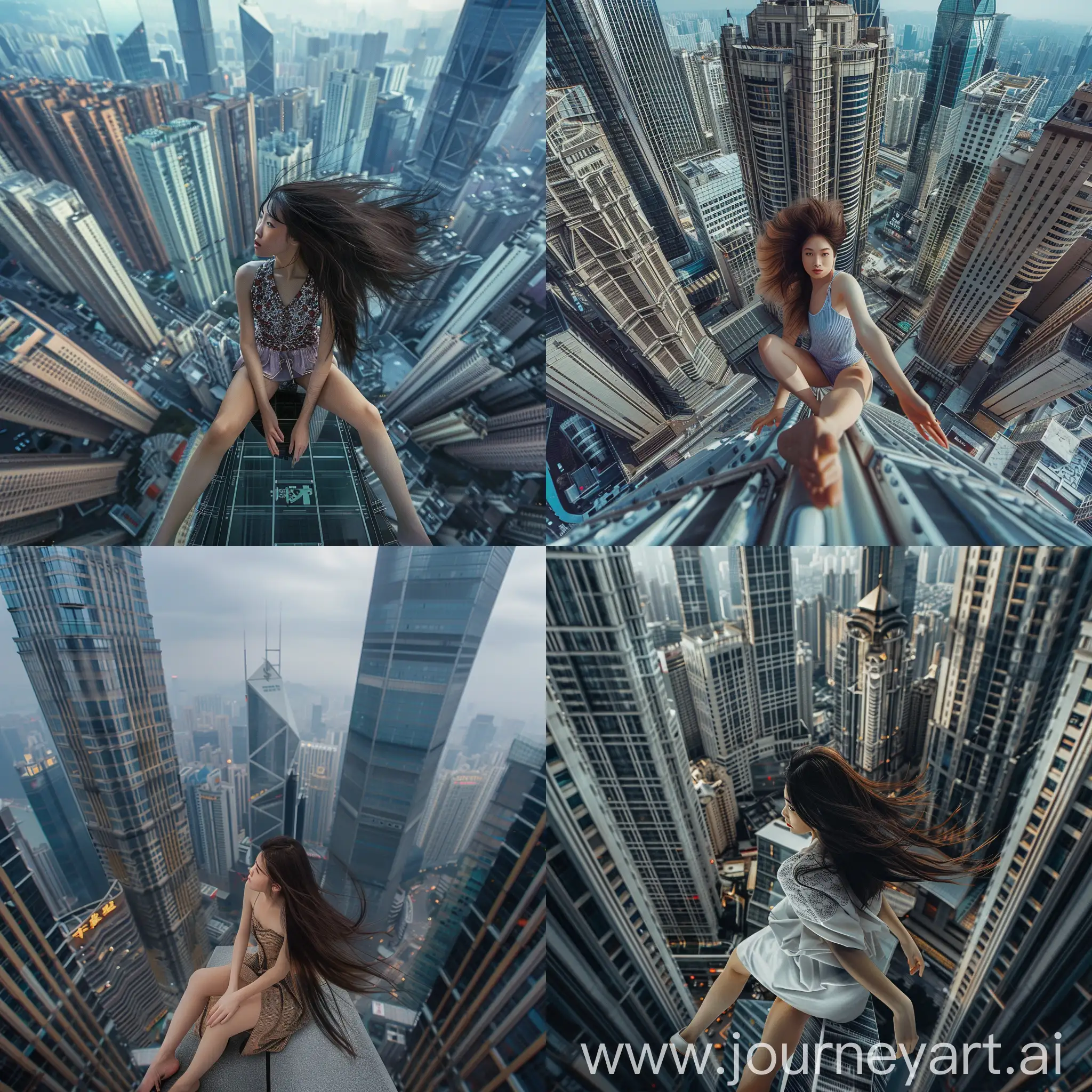 Modern-Chinese-Fashion-Girl-Sitting-on-Skyscraper-Edge