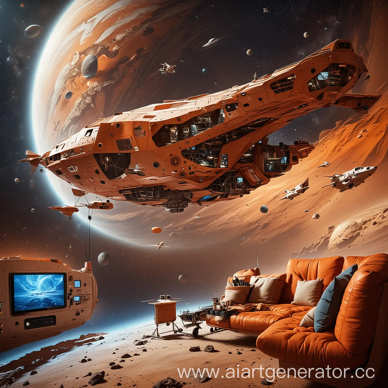 The flying ship is flying to the orange planet, which has Wi-Fi, television and video surveillance. The picture should clearly show a planet that has a router with WiFi, a TV, video surveillance and a sofa for watching movies