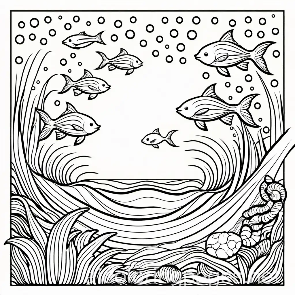Ocean animals, Coloring Page, black and white, line art, white background, Simplicity, Ample White Space. The background of the coloring page is plain white to make it easy for young children to color within the lines. The outlines of all the subjects are easy to distinguish, making it simple for kids to color without too much difficulty