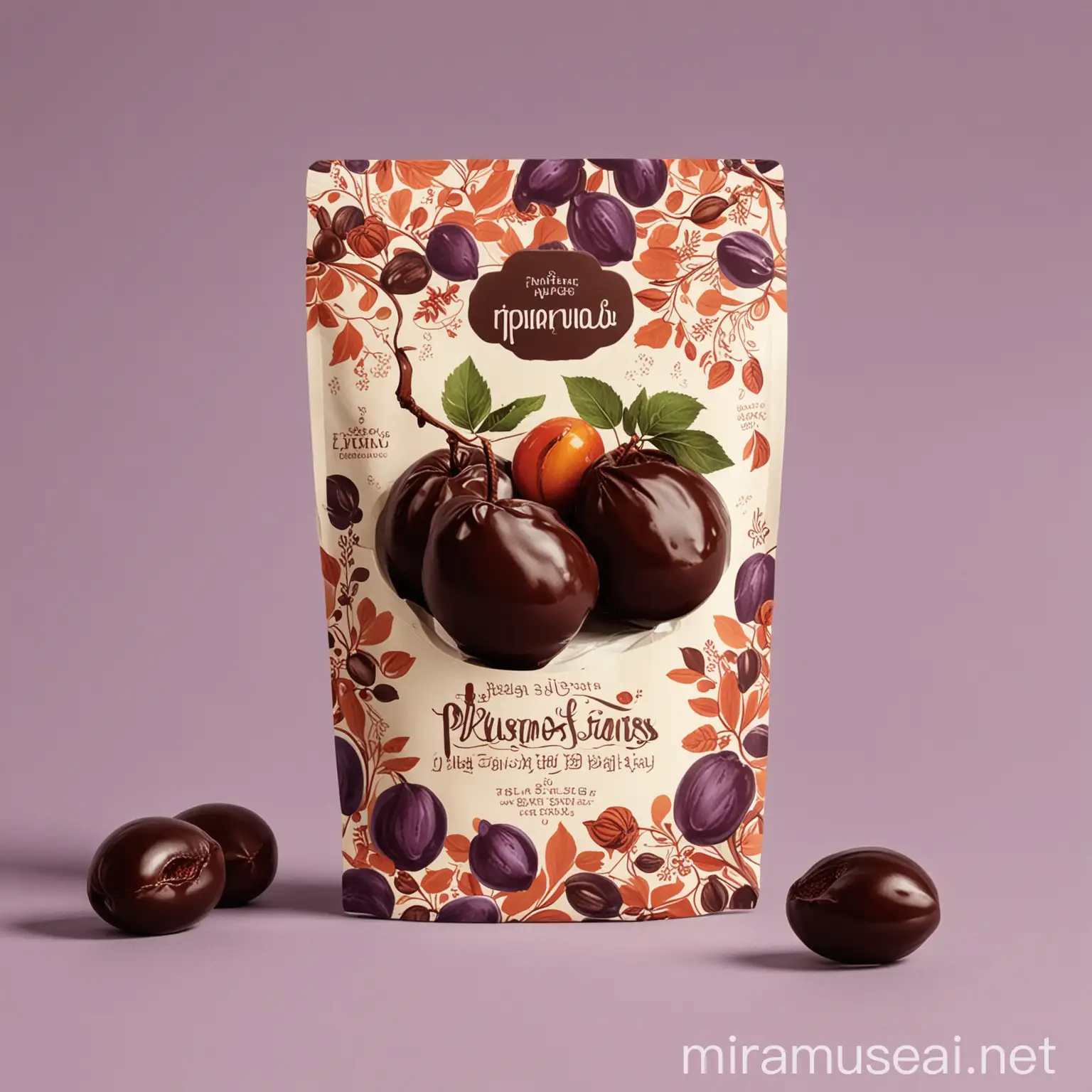 packaging illustration for dried plums covered in chocolate. the theme is "chocolate covered plums stimulate all senses". The main color is #223C6F