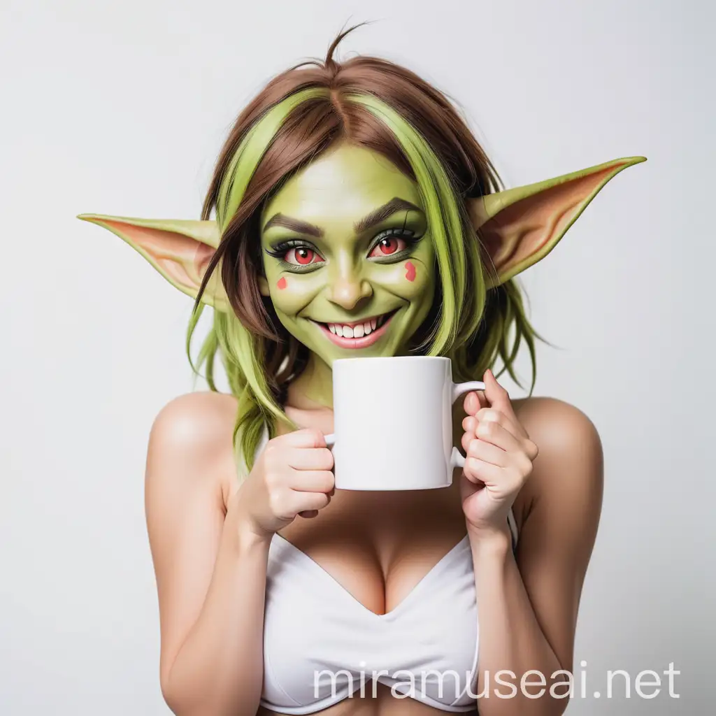 beautiful sexy goblin cosplay girl smiling with square white mug on white background