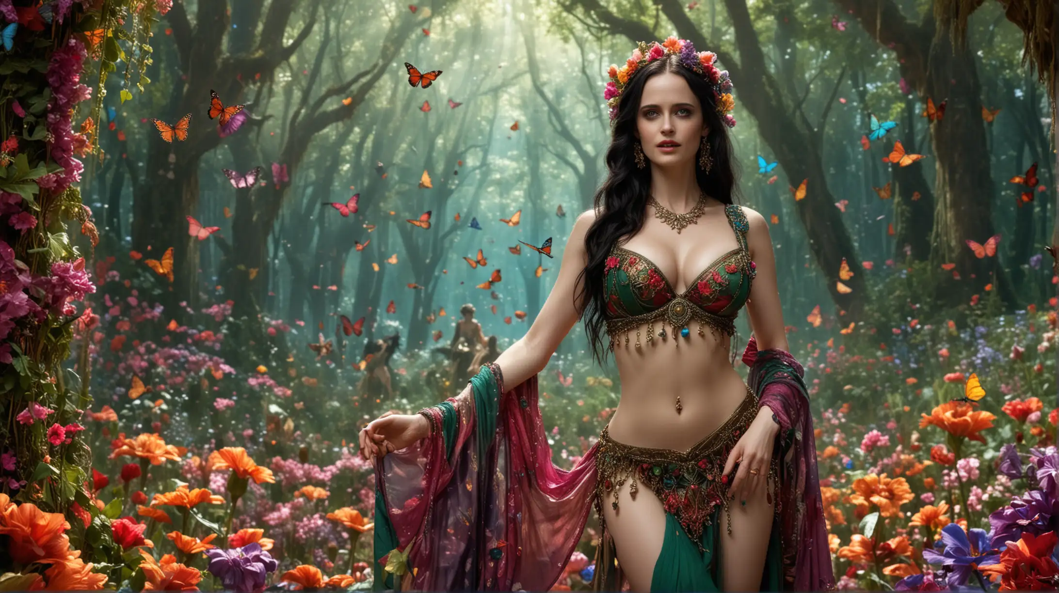 Eva Green as elf queen as Sexy Belly Dancer, big boobs, surrounded by gorgeous colorful flowers, butterflies, fantasy forest