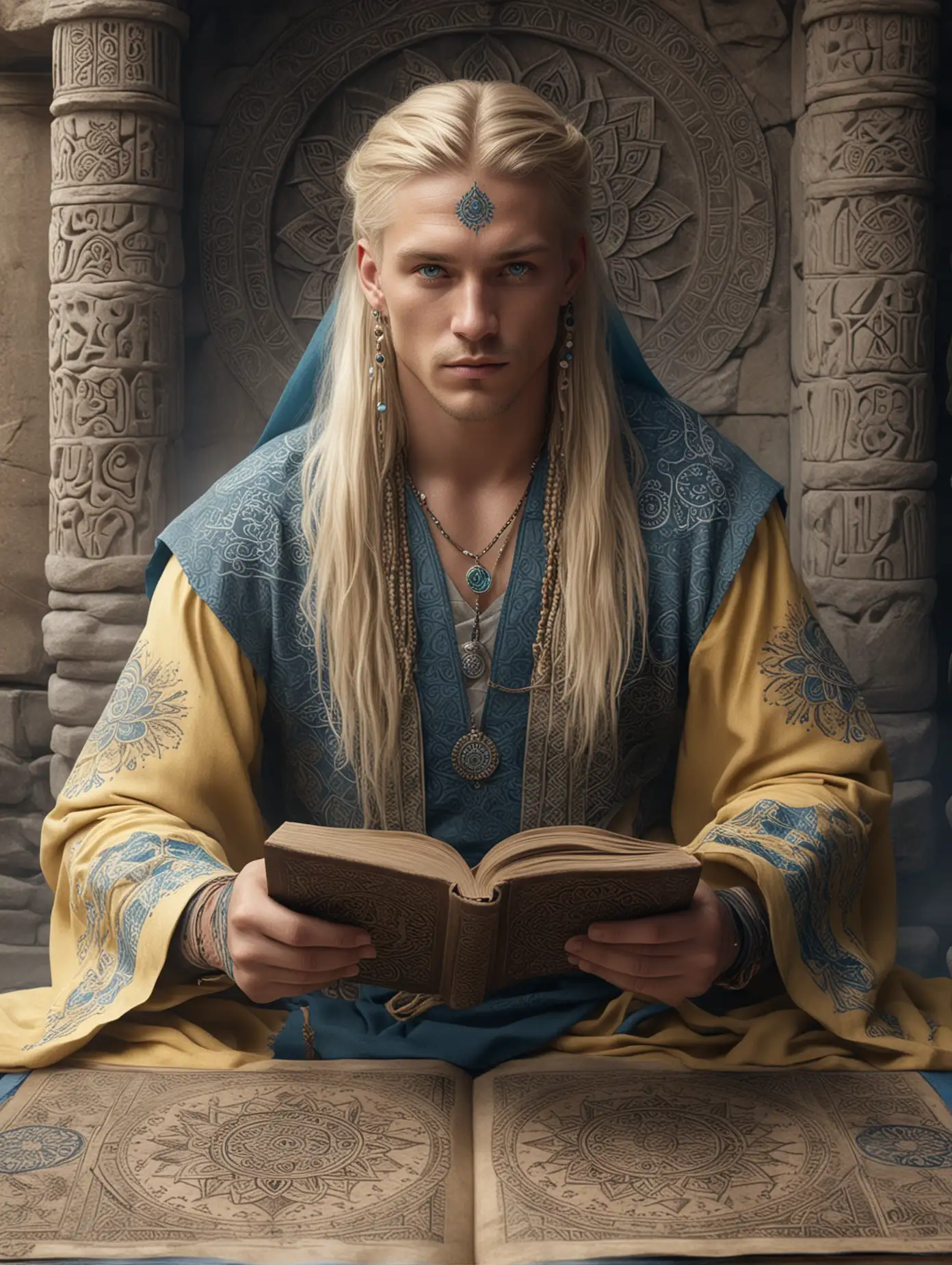 A sitting nordic male shaman, blue eyes, tattooed faces wiith long blond hair, reading an adorned book with mandalas,  wearing a blue veil and a light yellow tunic adorned with many magical symbols,: 1
| vast ancient stone library in the back
| Very detailed, grey, windy, misty atmosphere : 1.
| Highly detailed,high precision,focus on textures, hyperrealistic : 1.