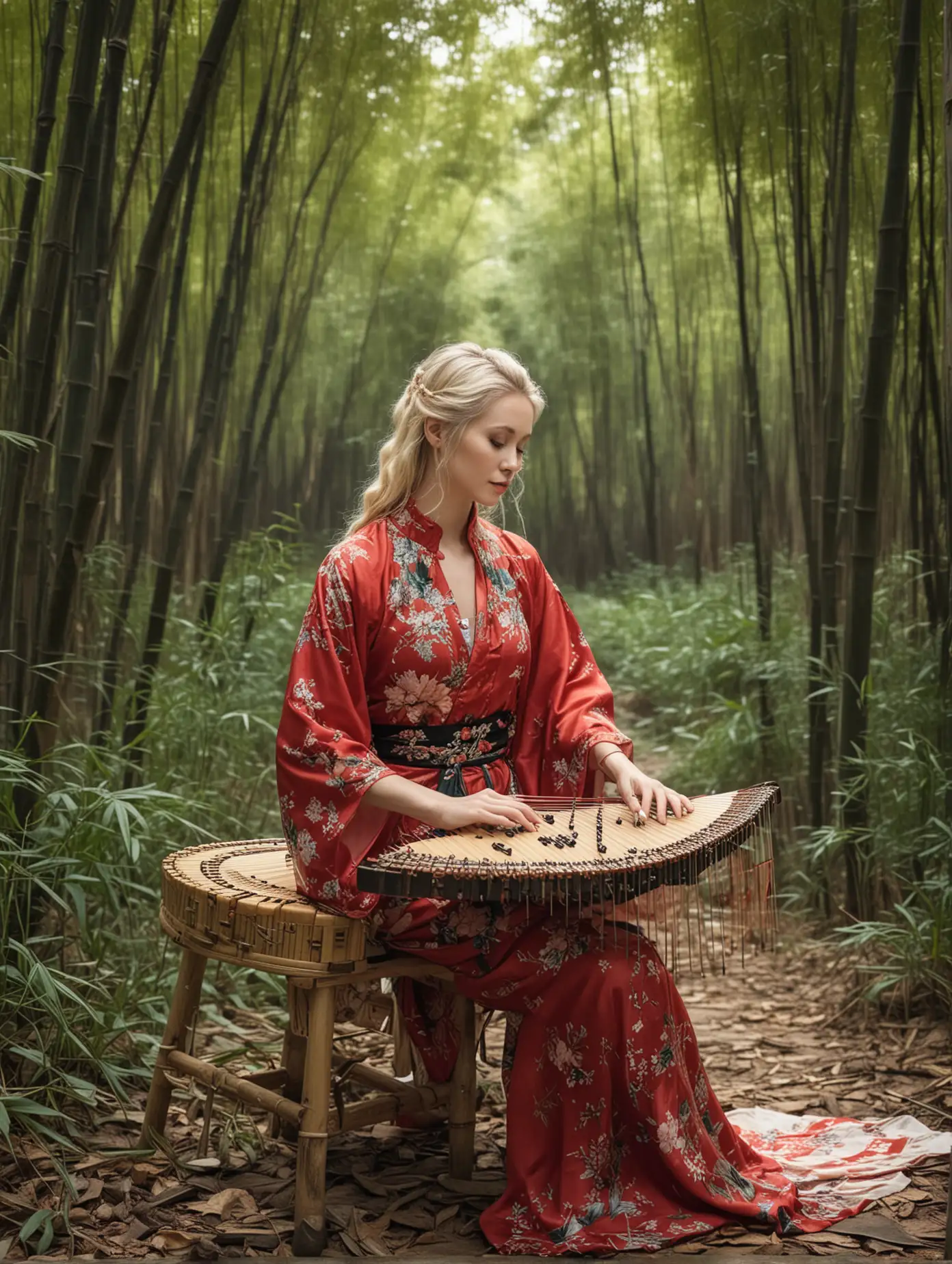 a blonde European woman in a Chinese dress playing Chinese zither in a bamboo forest