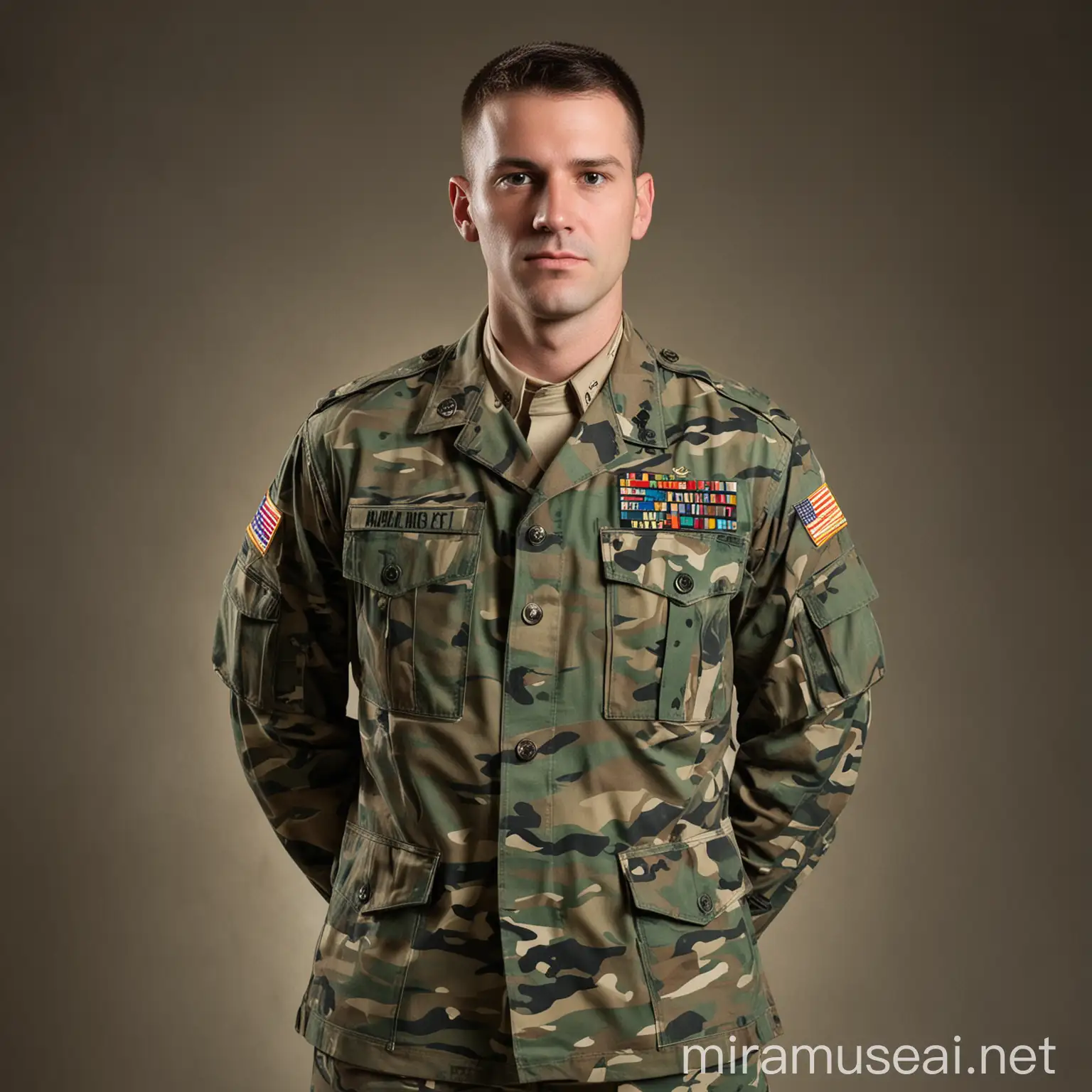 Army Lieutenant Man in Camouflage Uniform Standing Proudly