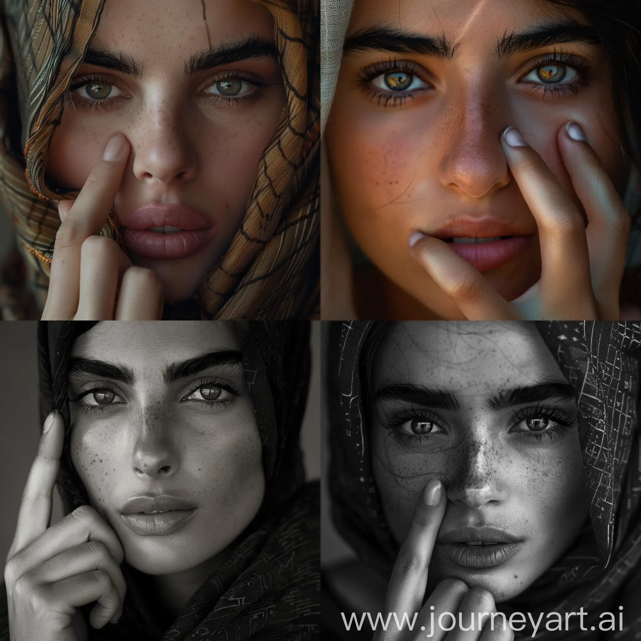 Palestinian-Woman-Portrait-with-Bushy-Eyebrows-and-Somber-Expression
