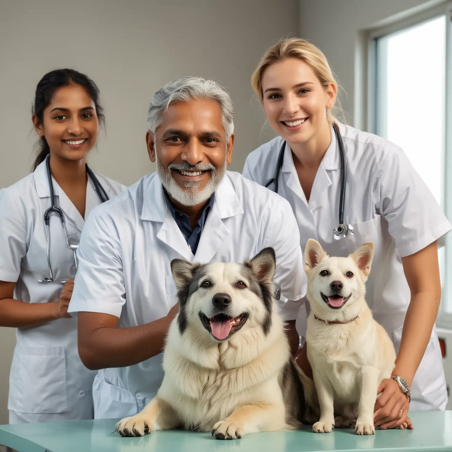 happy older Indian male and young Caucasian female veterinarians with a pet